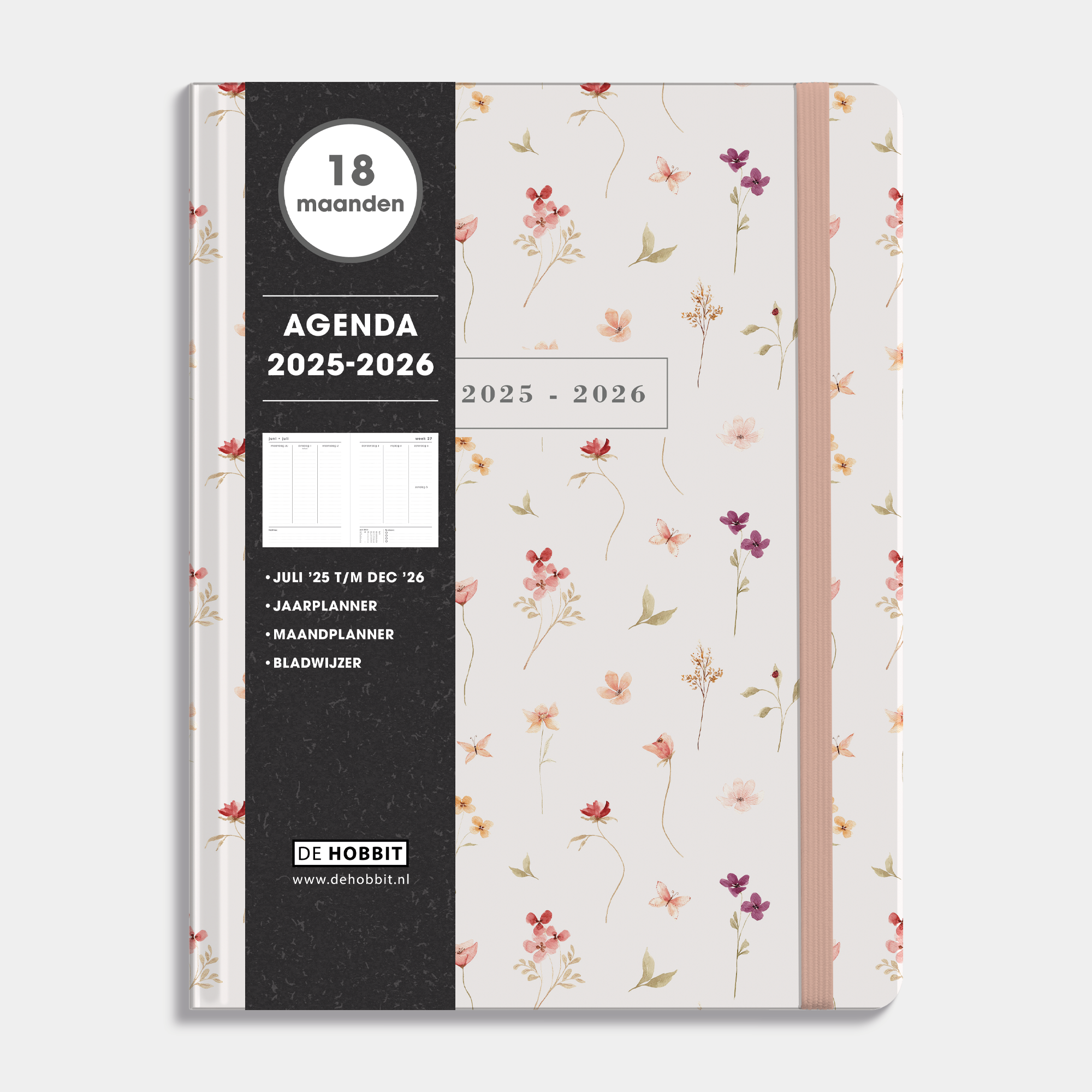 18 maanden agenda 2025 - 2026 A4 met een aquarel bloemetjes print, harde cover en elastische sluiting – vooraanzicht met informatieve banderol.