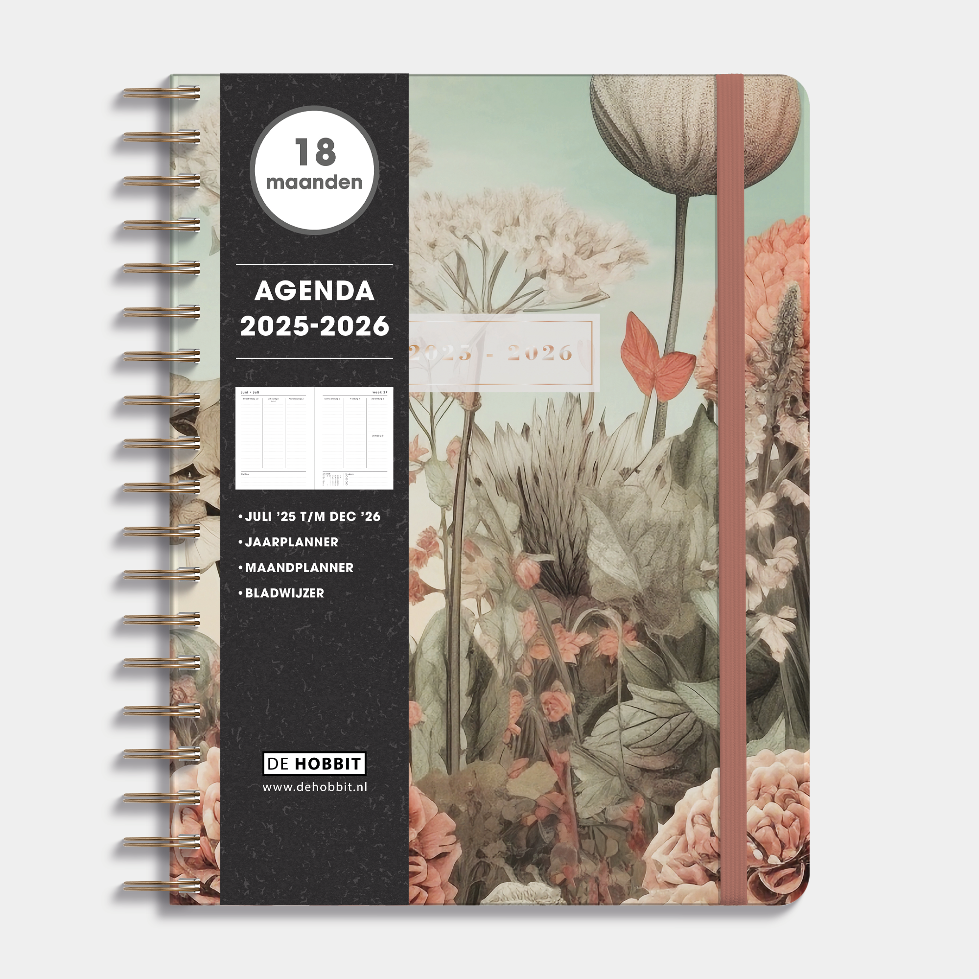 18 maanden agenda 2025 - 2026 A4 met een veldbloemenprint, harde cover en elastische sluiting – vooraanzicht met informatieve banderol.