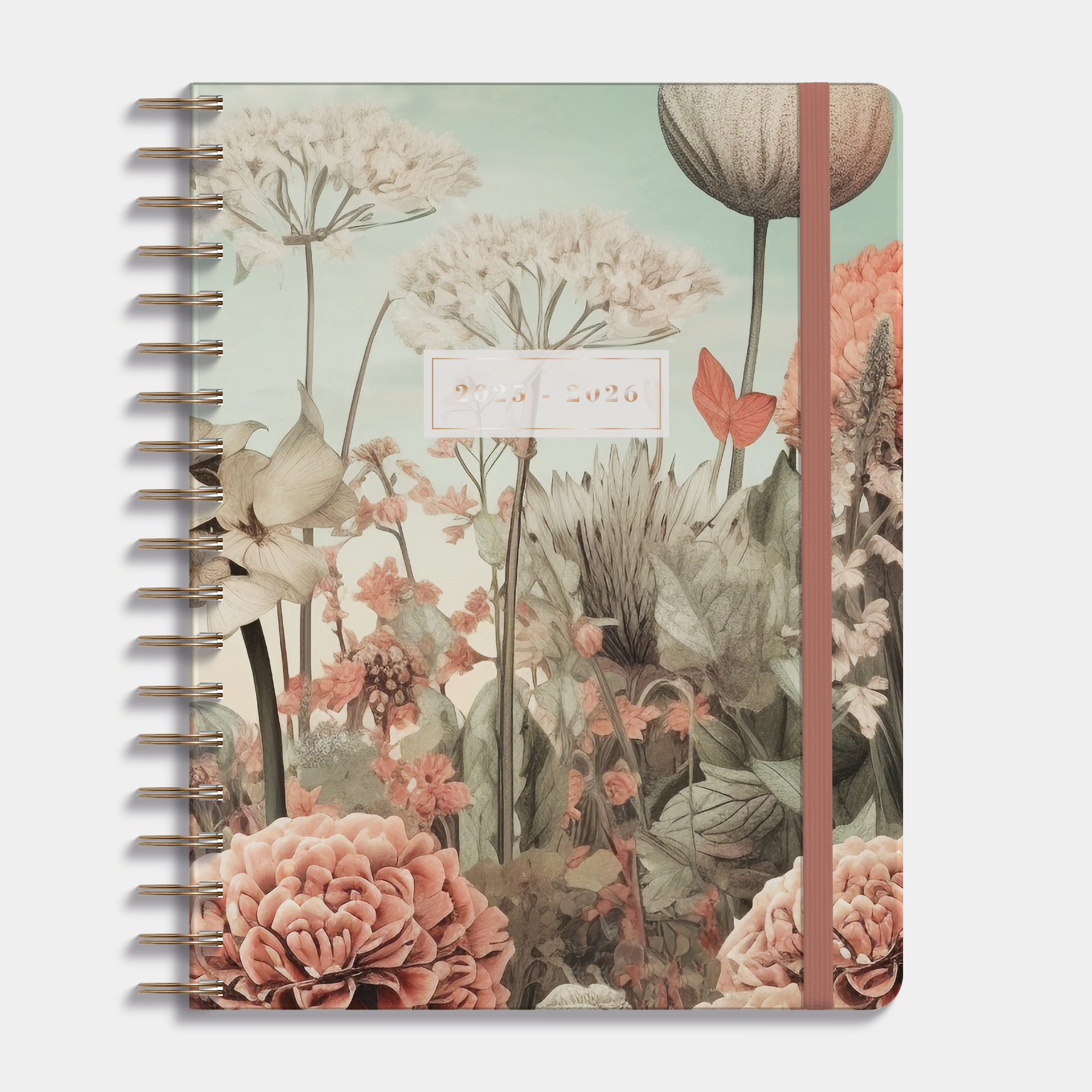 18 maanden agenda 2025 - 2026 A4 met een veldbloemenprint, harde cover en elastische sluiting – vooraanzicht.