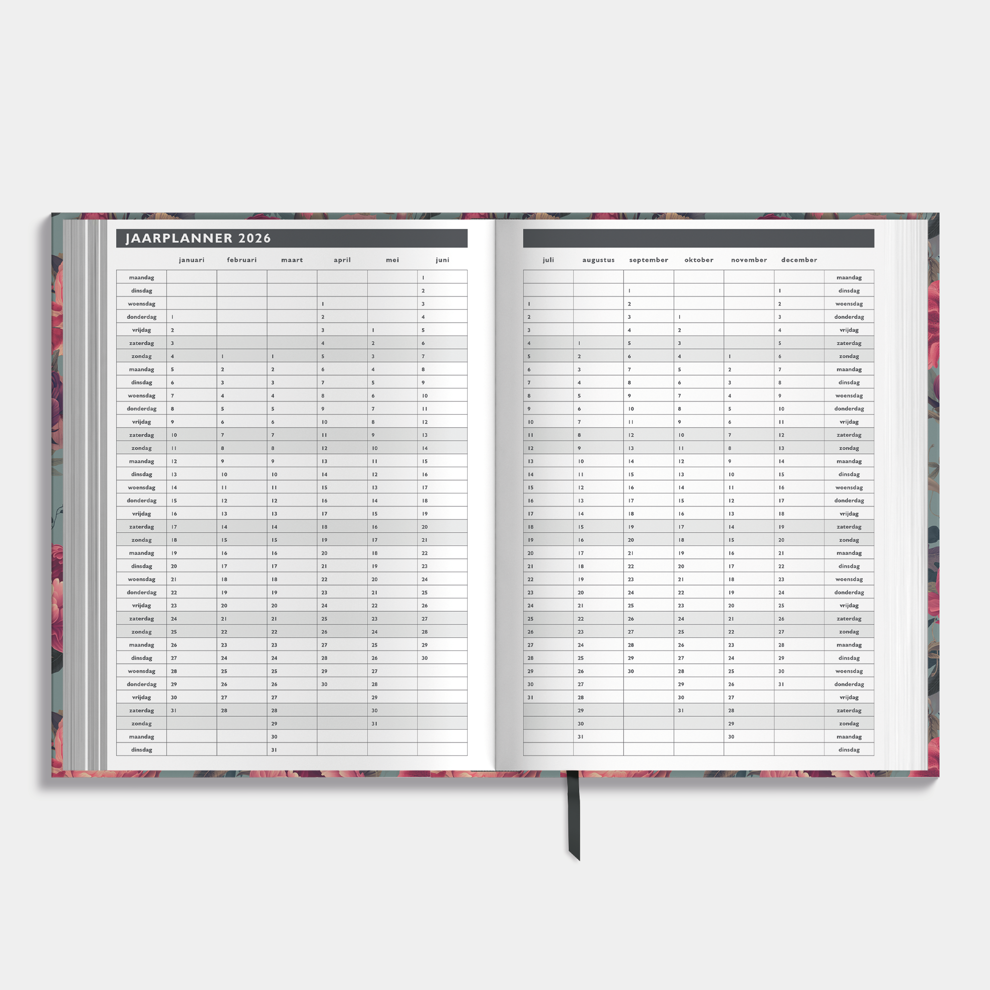 Afsprakenagenda 2026 A4 met klassieke print met rozen – binnenwerk met jaarplanner.