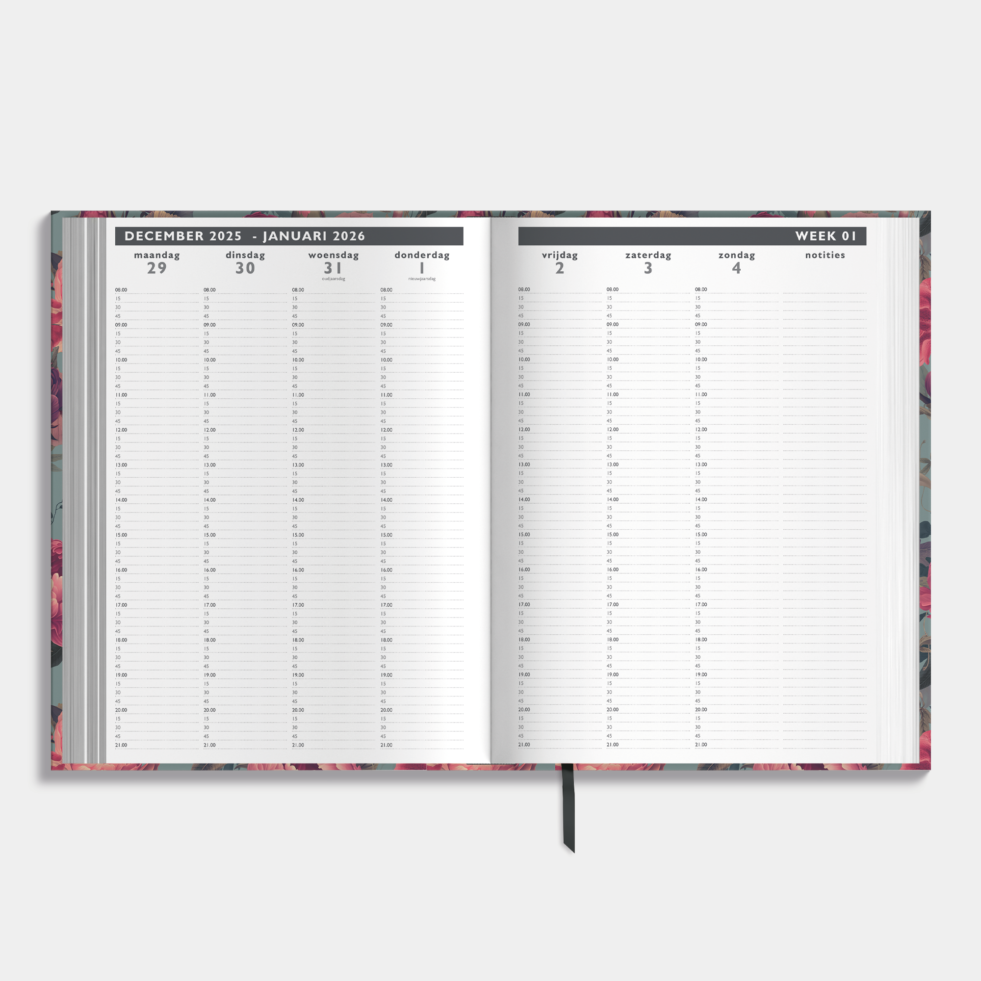 Afsprakenagenda 2026 A4 met klassieke print met rozen – binnenwerk met weekoverzicht inclusief tijdsaanduiding en ruimte voor notities.