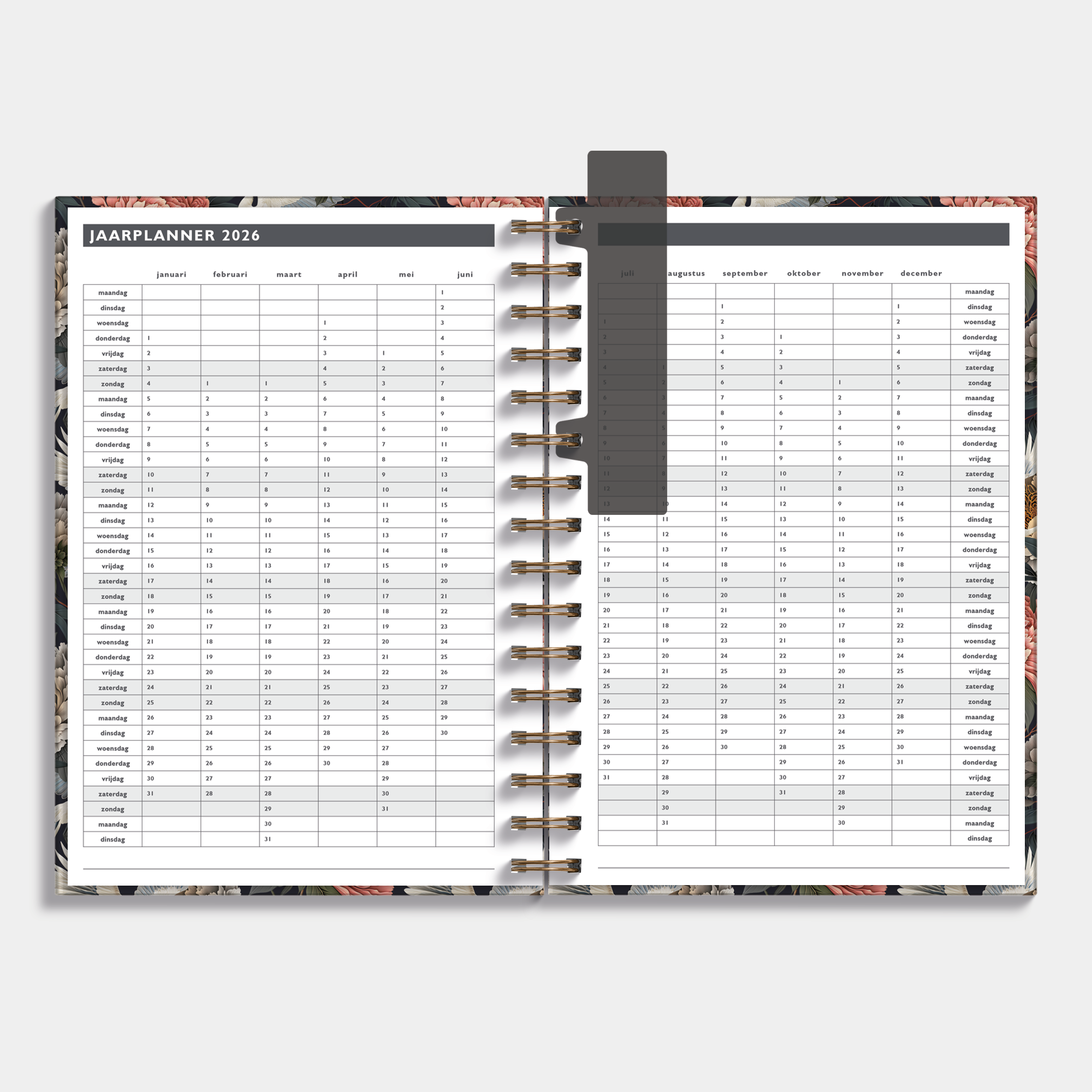 Afsprakenagenda 2026 A5 met klassieke print van kraanvogels en pioenrozen – binnenwerk met jaarplanner.