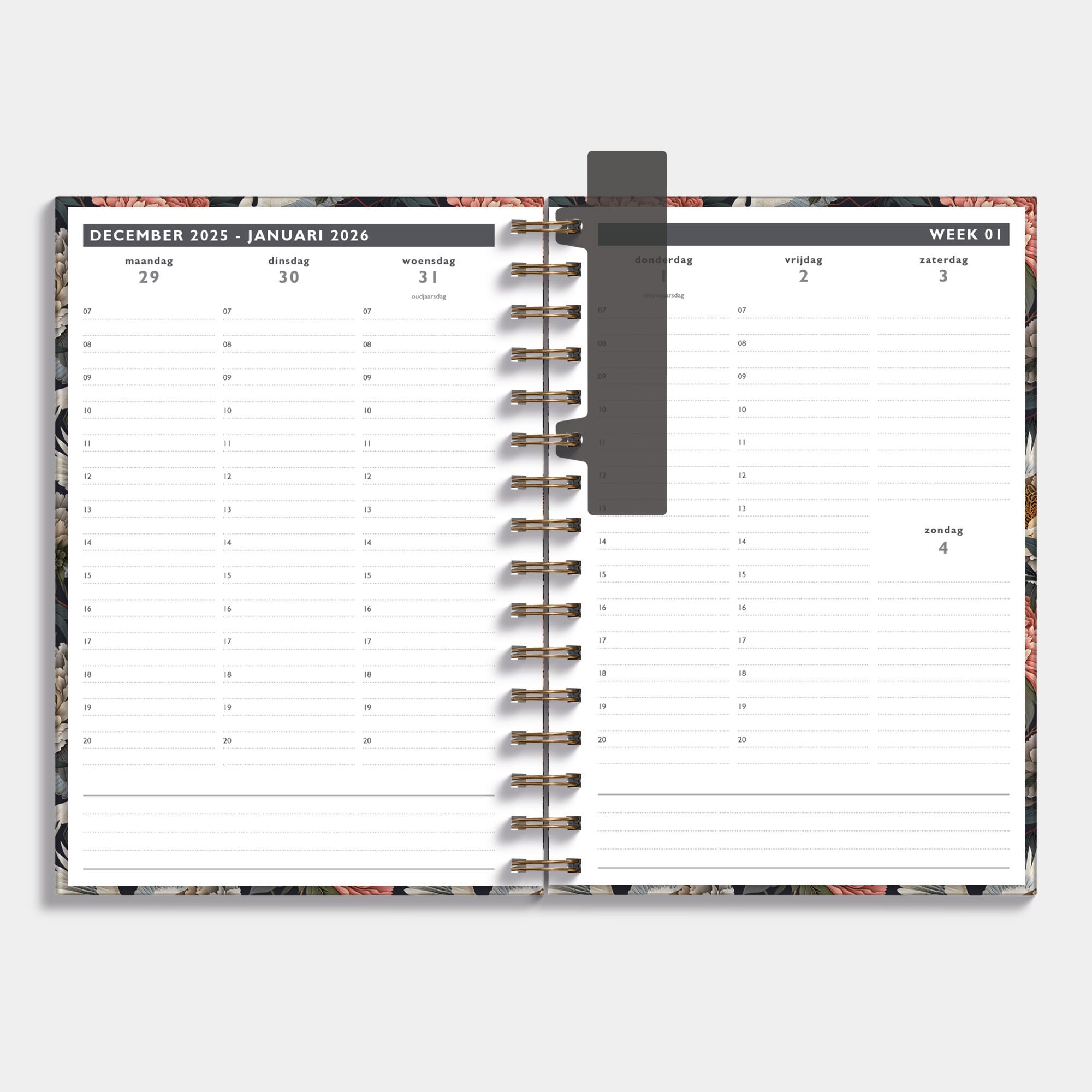 Afsprakenagenda 2026 A5 met klassieke print van kraanvogels en pioenrozen – binnenwerk met weekoverzicht inclusief tijdsaanduiding en ruimte voor notities.