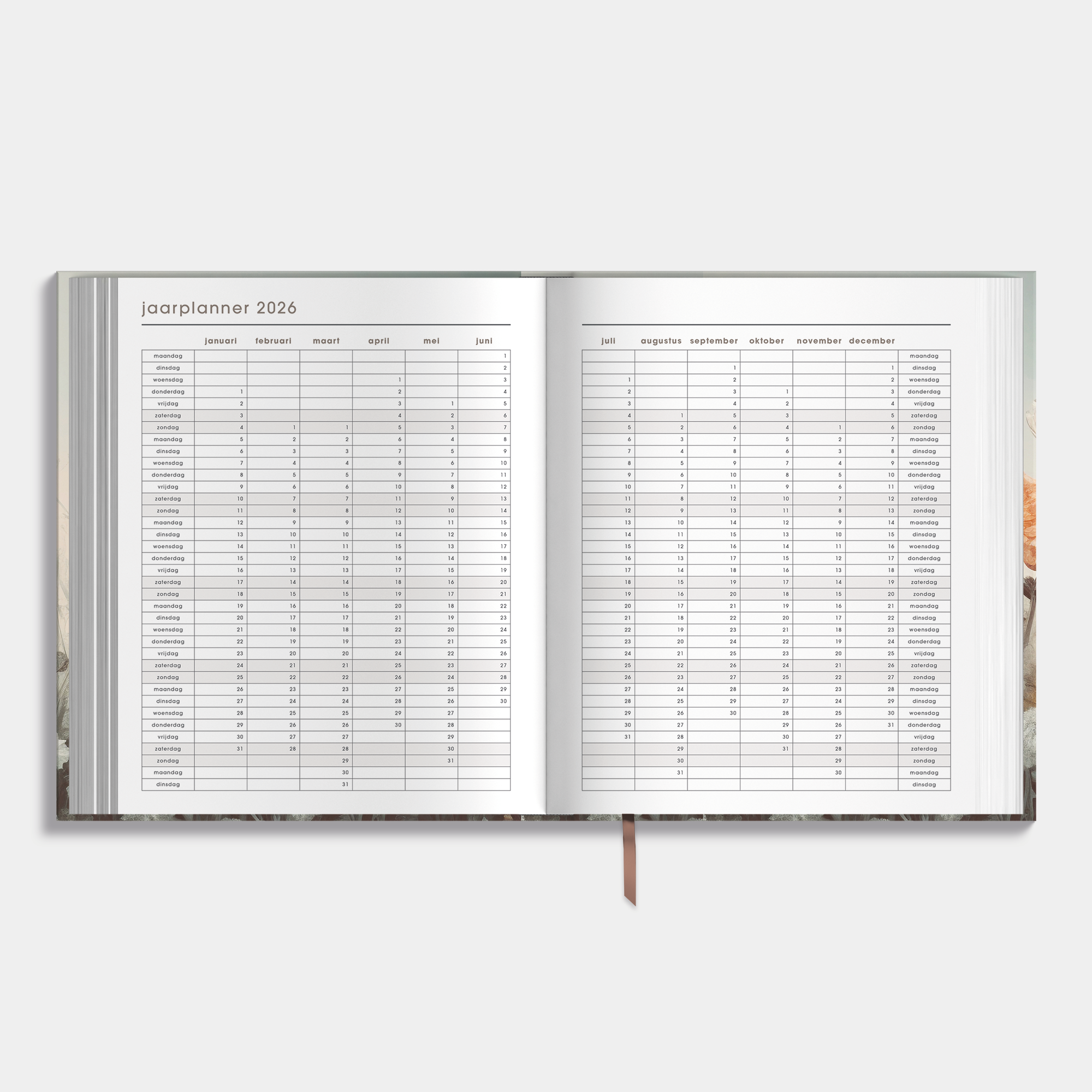 Afsprakenagenda 2026 A5+ formaat met veldbloemenprint – binnenwerk met jaarplanner.