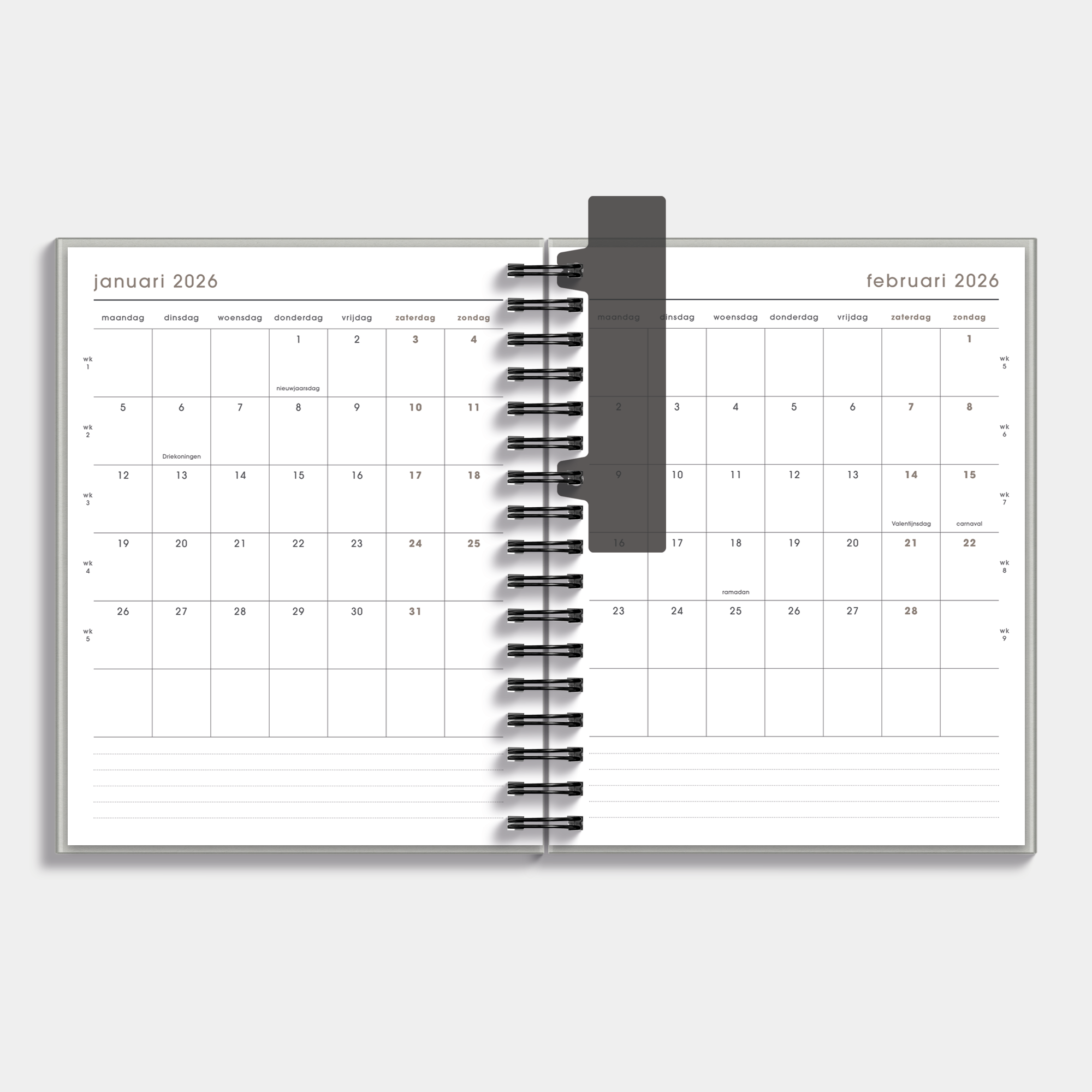 Afsprakenagenda 2026 A5+ formaat met grijze washed craft afwerking – binnenwerk met maandplanner.