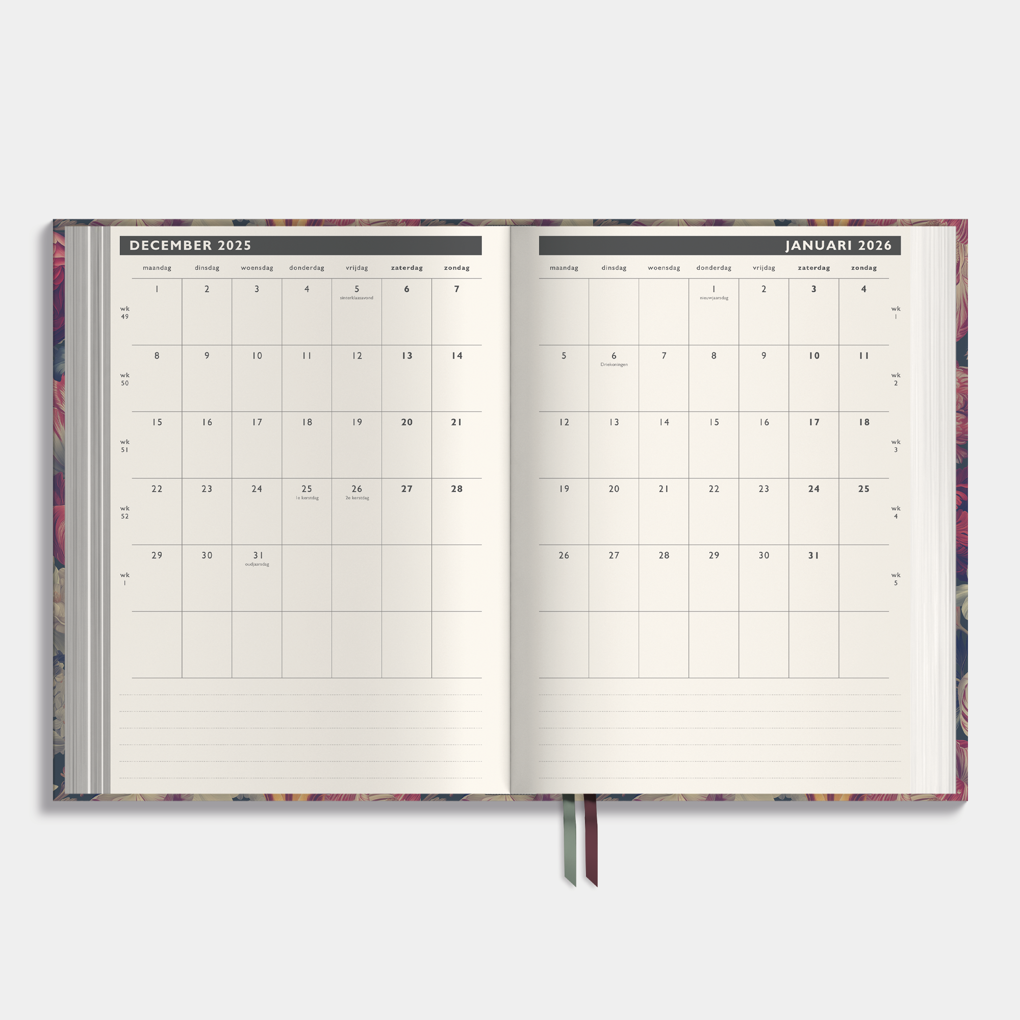 luxe afsprakenagenda 2026 in A4 formaat met een klassiek dessin van bloemen op een donkere achtergrond – binnenwerk met maandplanner.