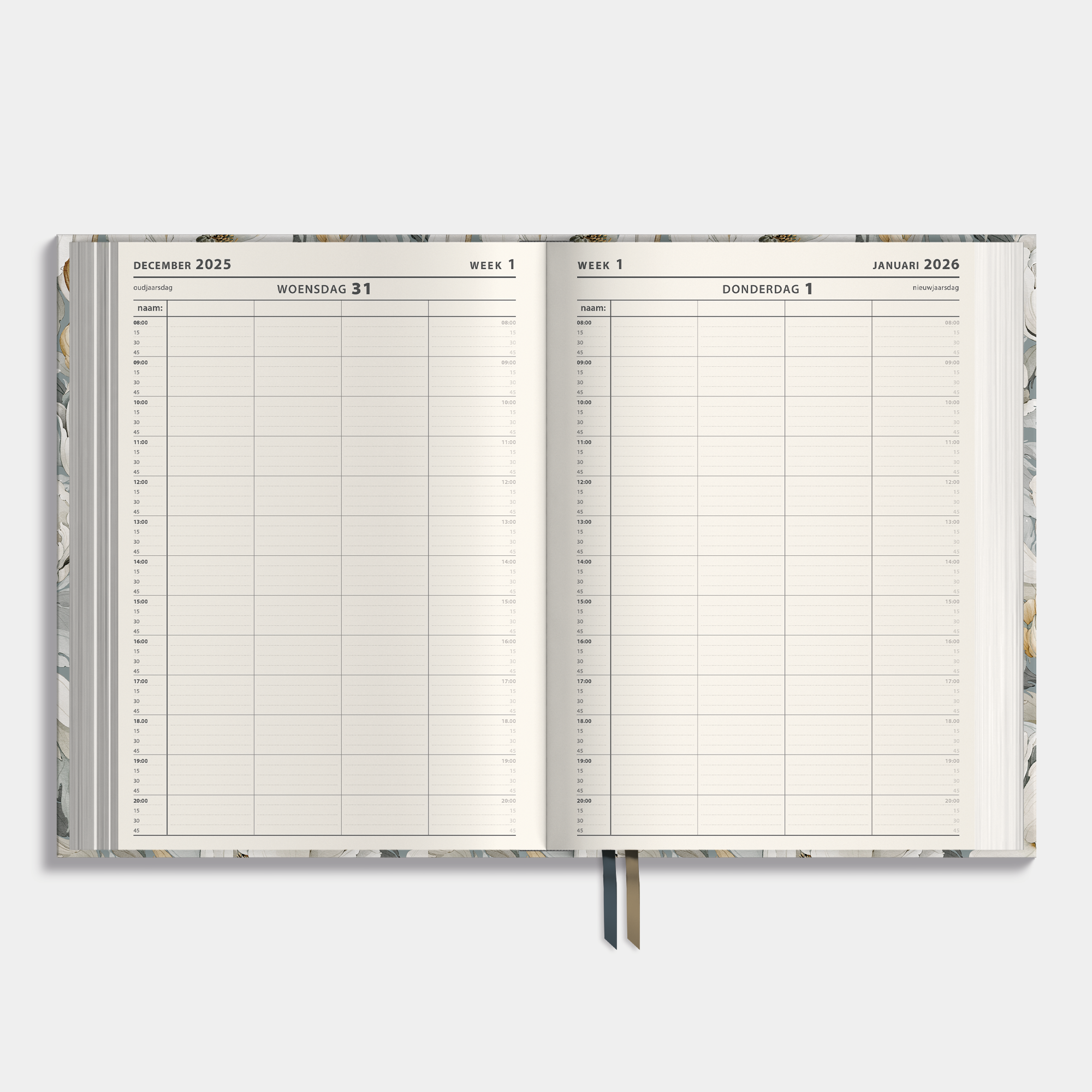 personeelsplanner 2026 in A4 formaat met ontwerp van witte pioenen op grijsblauwe achtergrond – weekoverzicht.