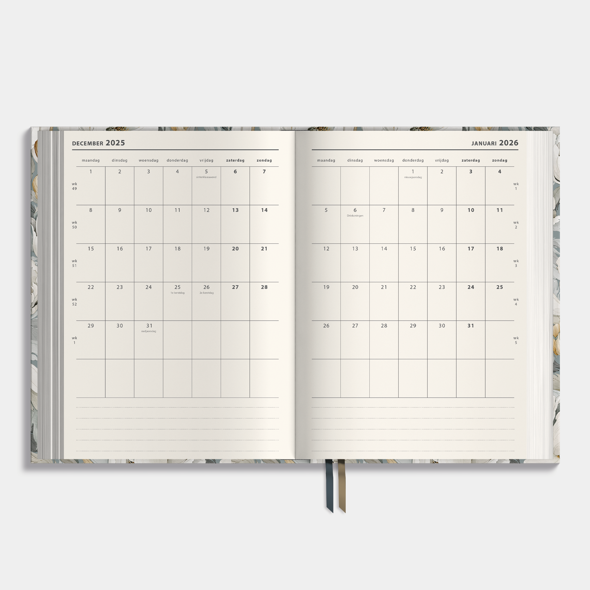 personeelsplanner 2026 in A4 formaat met ontwerp van witte pioenen op grijsblauwe achtergrond – maandplanner.