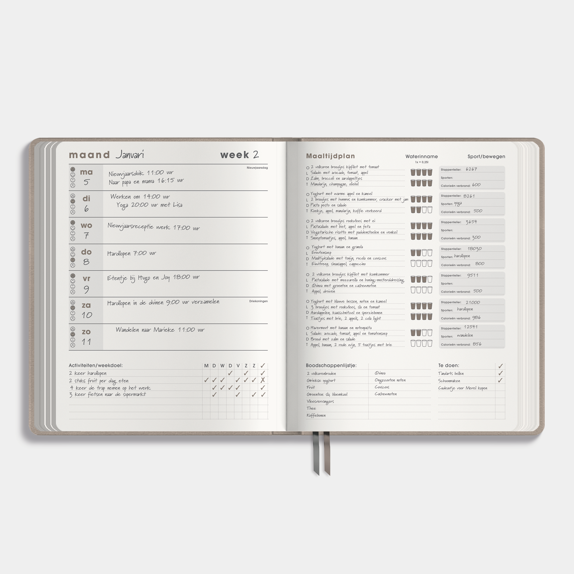 leefstijl planner 2026 met flexibele suèdelook coverafwerking – binnenwerk met voorbeeld van ingevuld weekoverzicht.