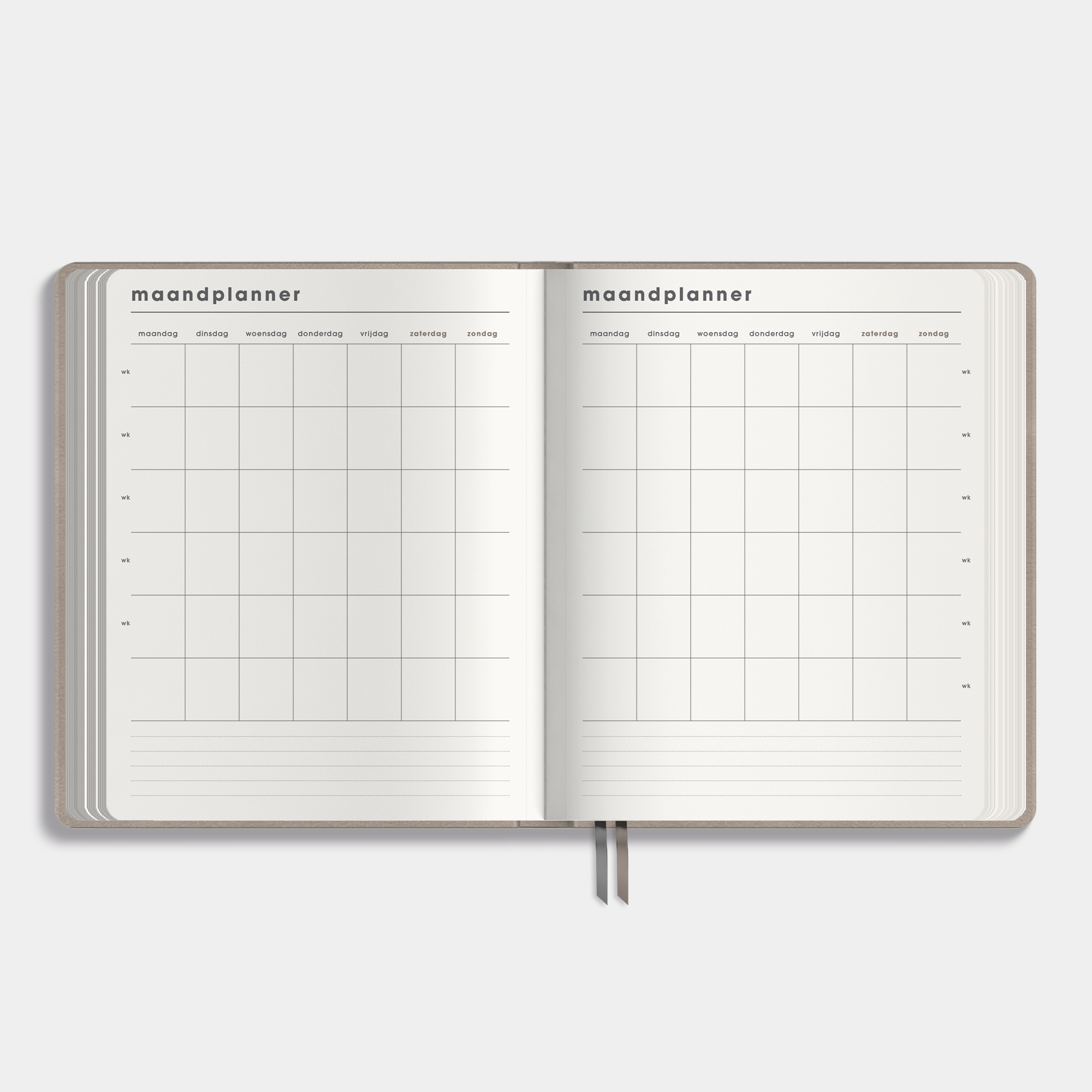 leefstijl planner 2026 met flexibele suèdelook coverafwerking – binnenwerk met maandplanner.