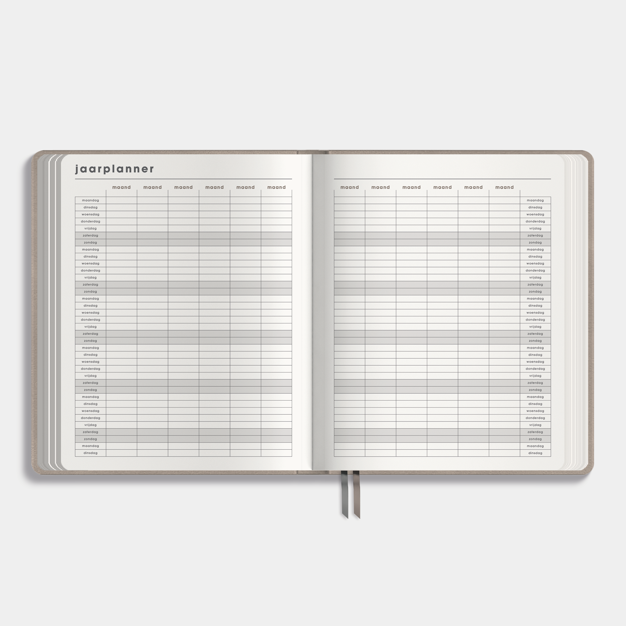 leefstijlplanner 2026 met flexibele suèdelook coverafwerking – binnenwerk met jaarplanner.