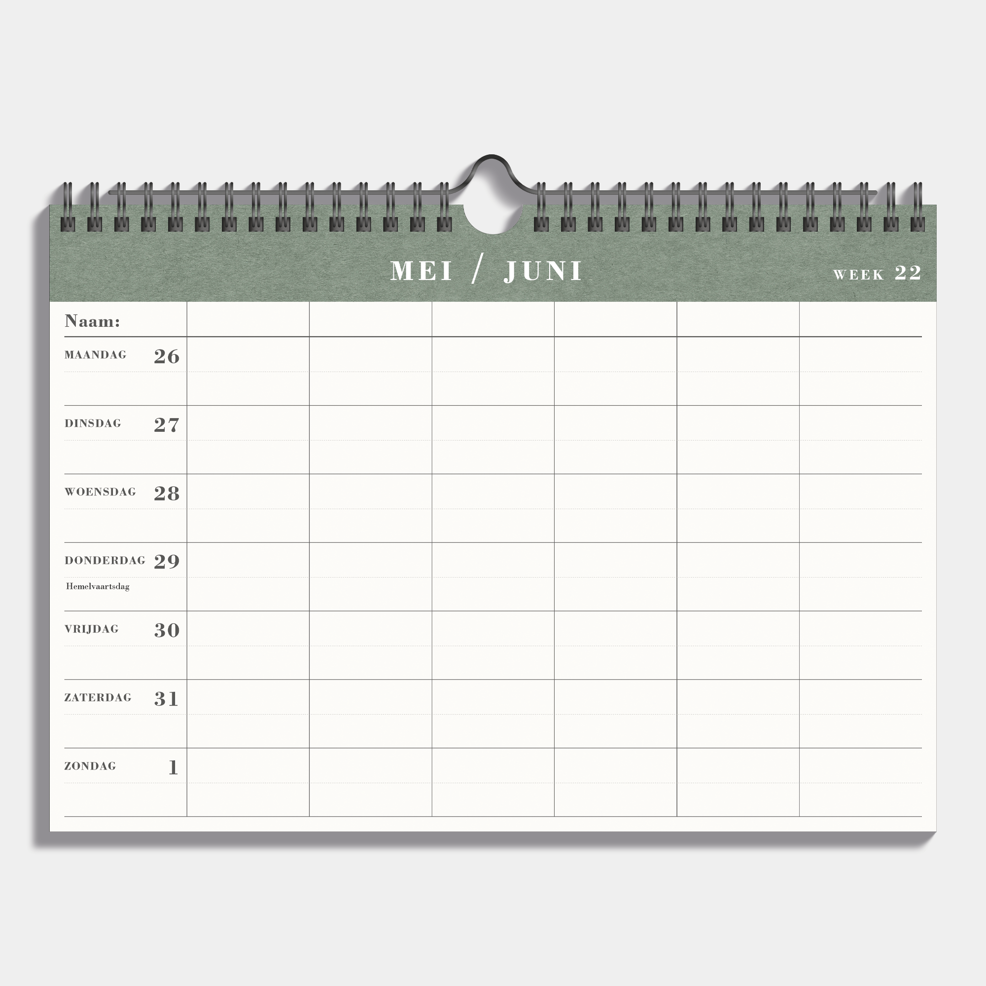 Familieplanner 2025 - 2026 A4 voor 5 personen met groene accenten en crèmekleurig papier en metalen spiraal – binnenwerk met weekoverzicht.