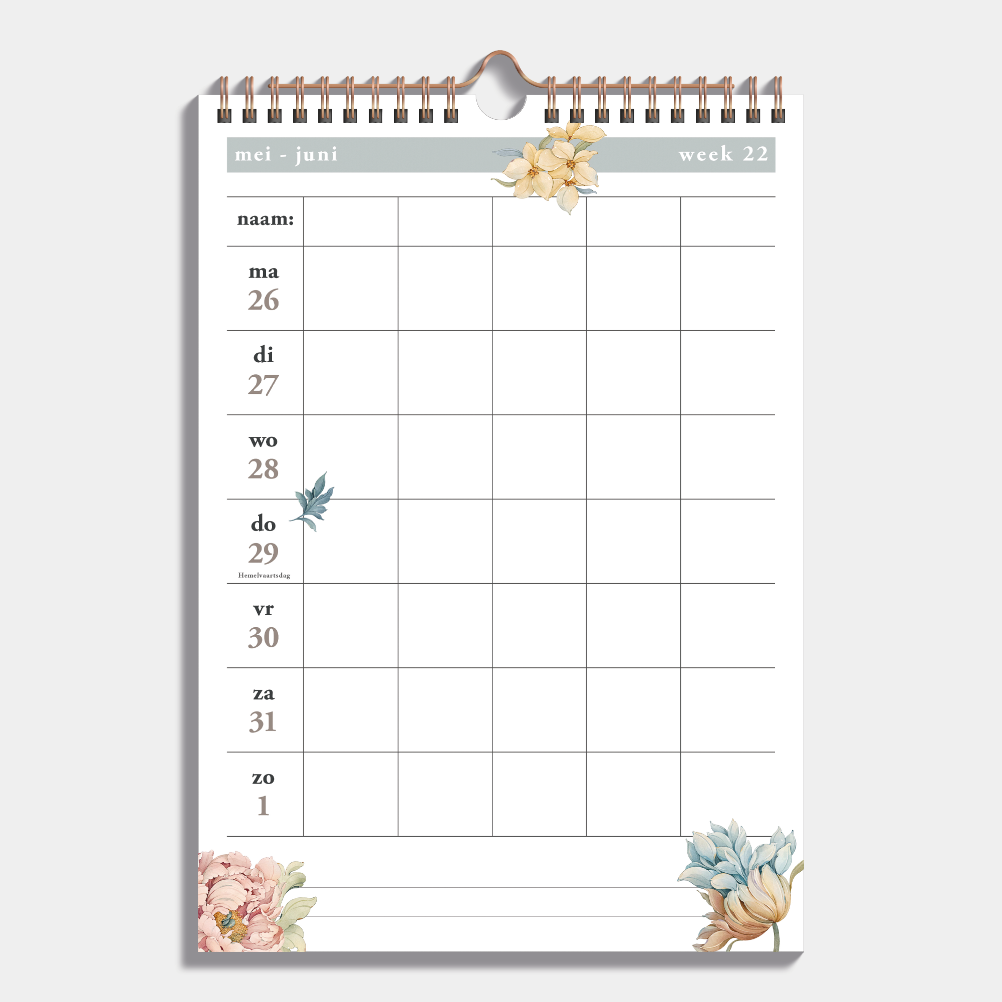 Familieplanner 2025 - 2026 A4 met vintage bloemenprint en metalen spiraal voor 5 personen – binnenwerk met weekoverzicht.