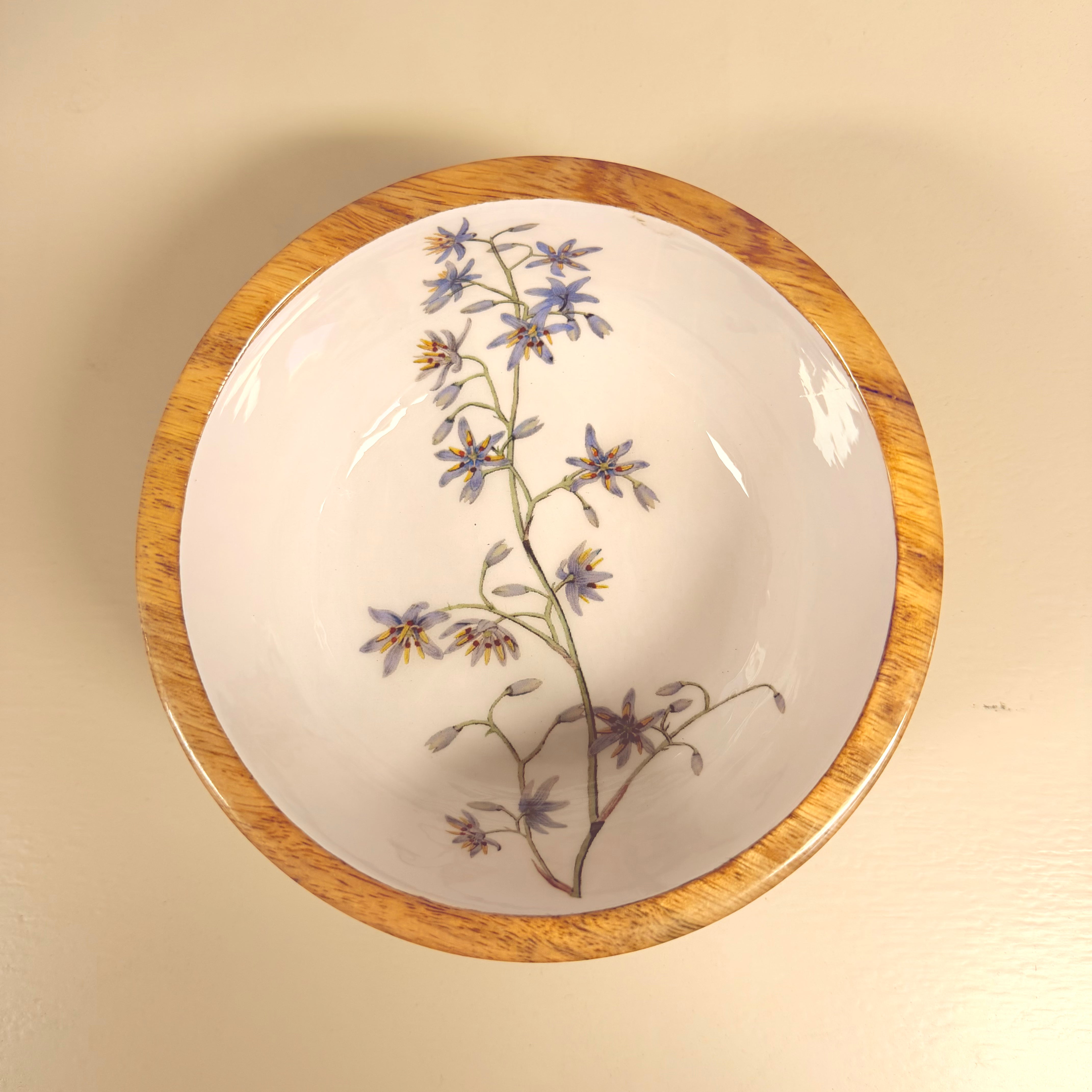 MANGO HOUTEN SCHAAL LILA KLEINE BLOEMETJES 17Ø