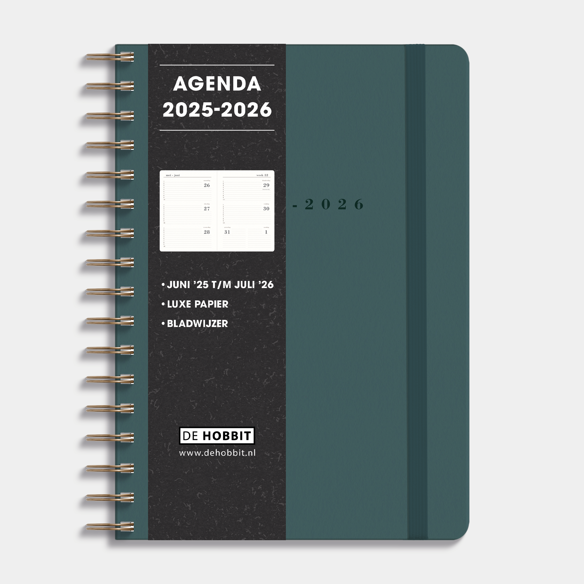 Luxe ringband schoolagenda 2025 - 2026 A5 met petrolblauwe suèdelook afwerking, harde cover en elastische sluiting – vooraanzicht met informatieve banderol.