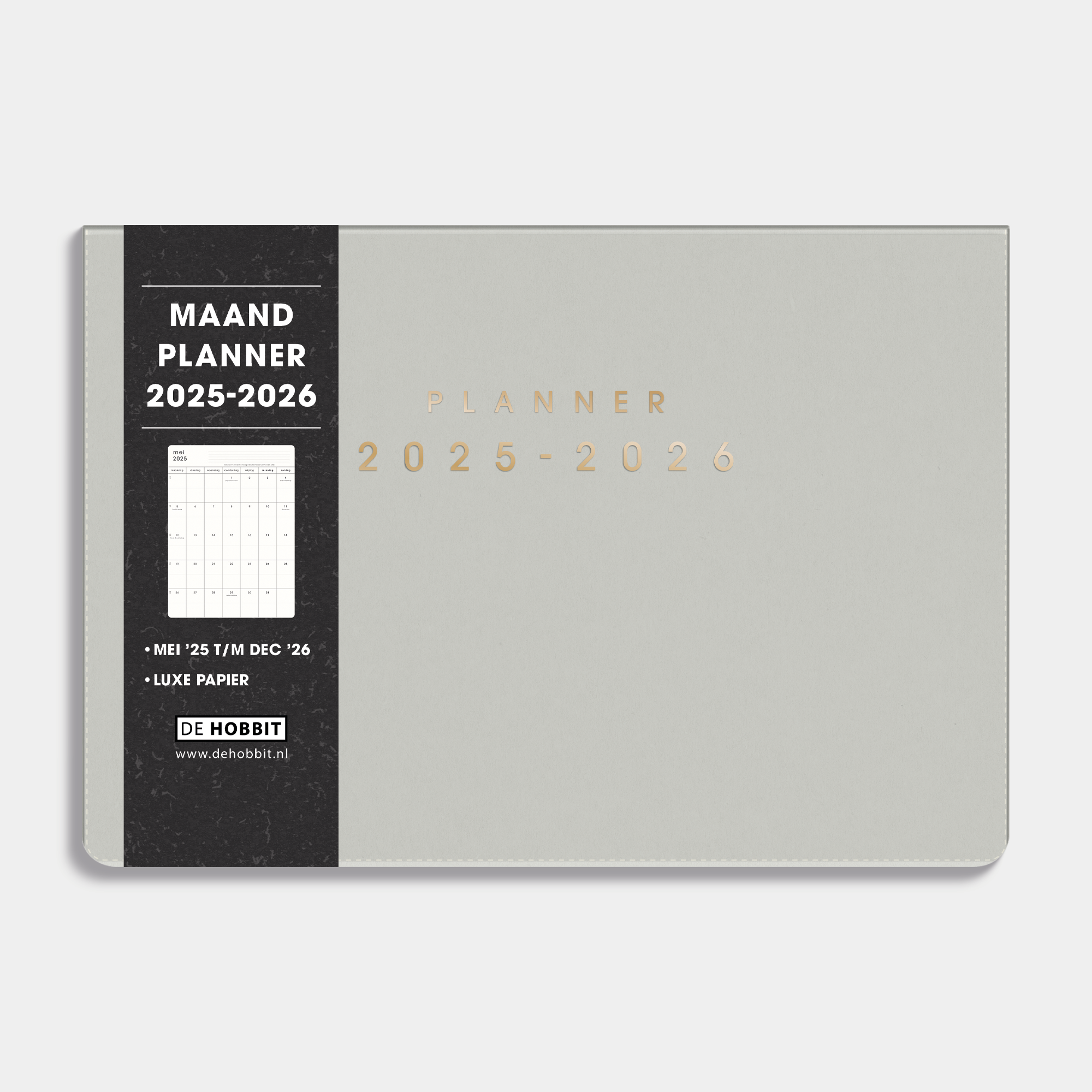 Maandplanner 2025 - 2026 A5 met een flexibele lichtgrijze coverhoes – vooraanzicht met informatieve banderol.