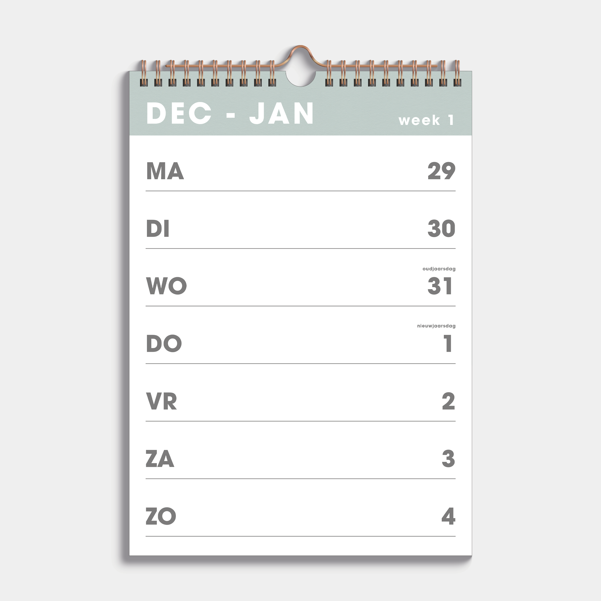 SPIRAALKALENDER 2026 A4 GRIJSGROEN