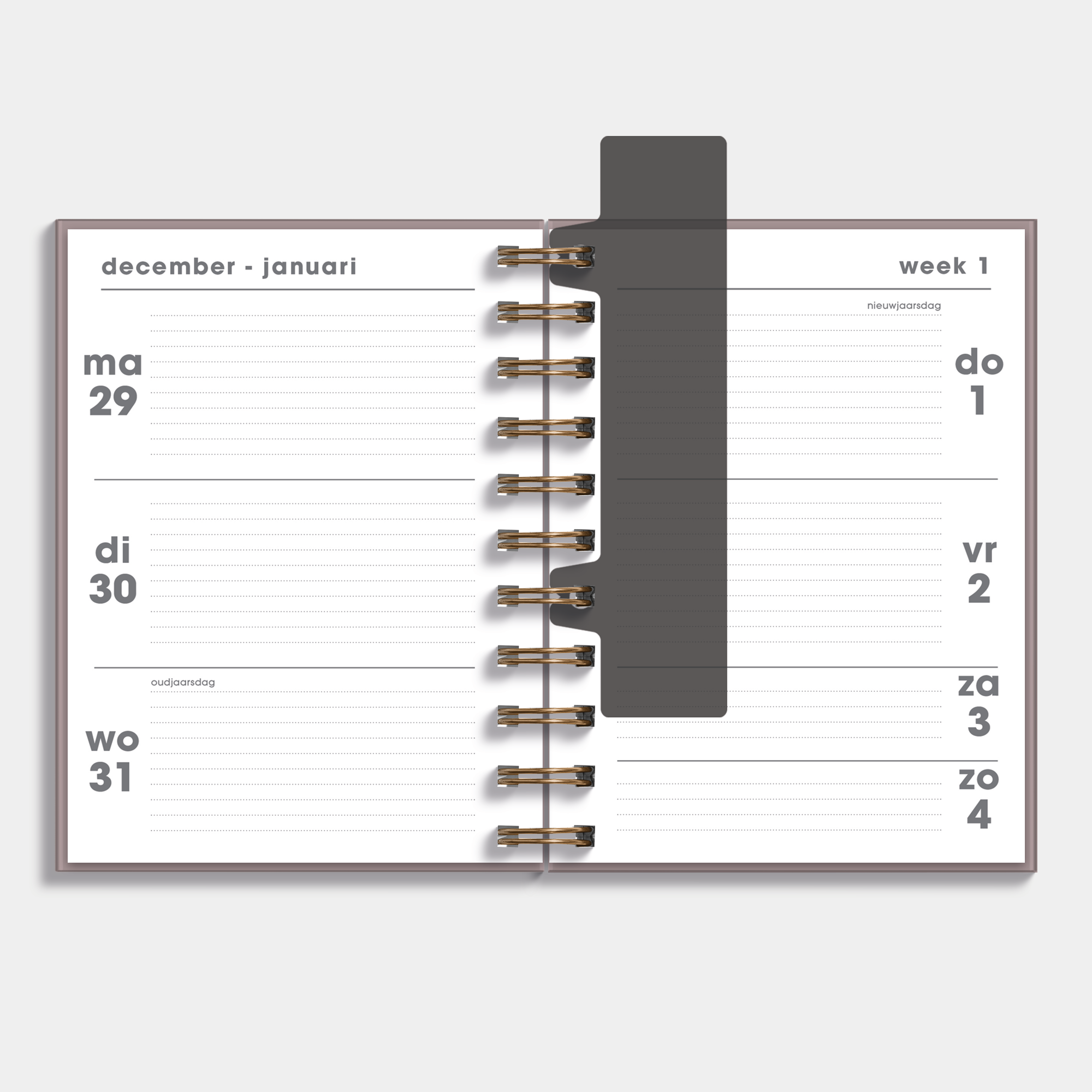 A6 ringband agenda 2026 met brocante print – binnenwerk met weekoverzicht.