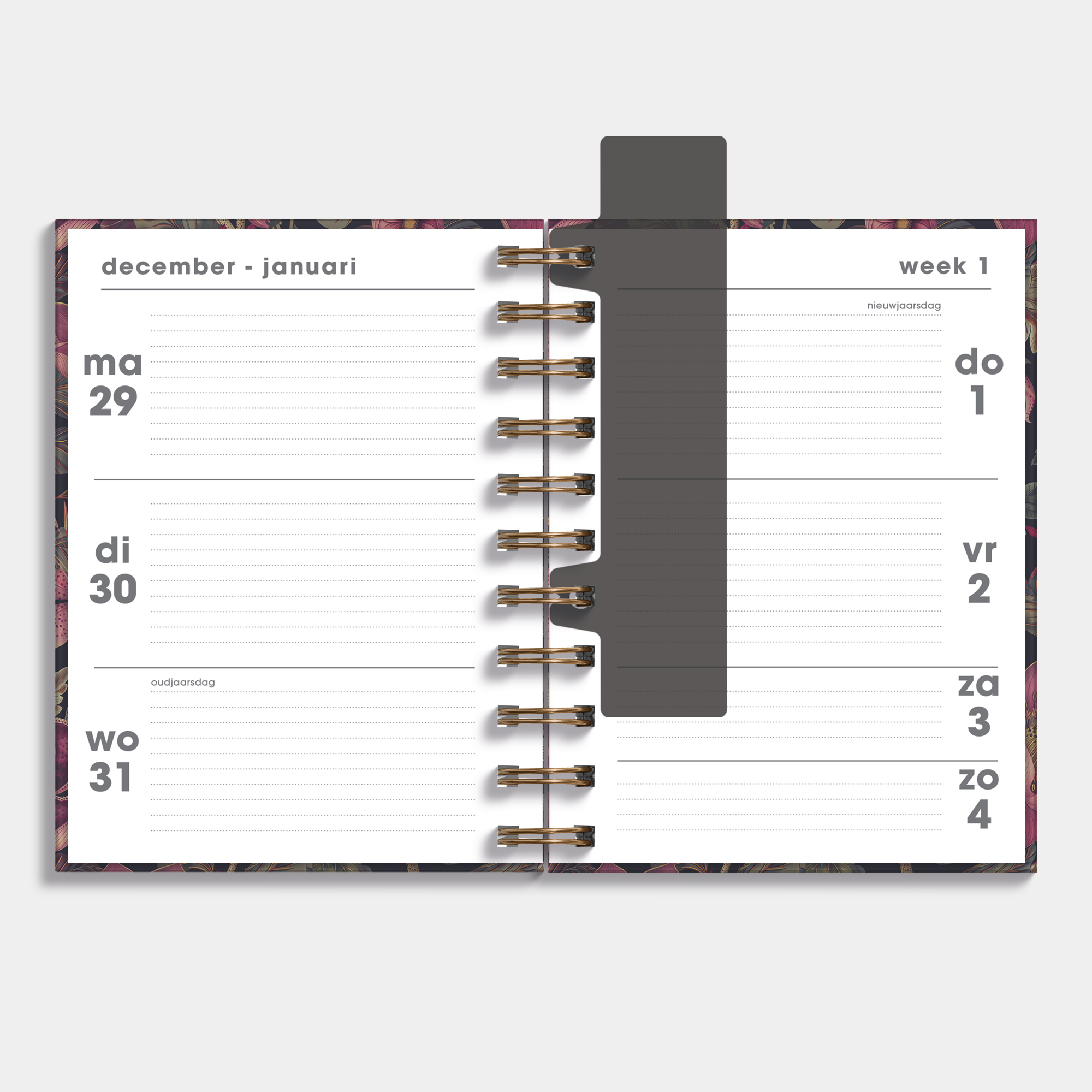 A6 ringband agenda 2026 met klassieke botanische print – binnenwerk met weekoverzicht.