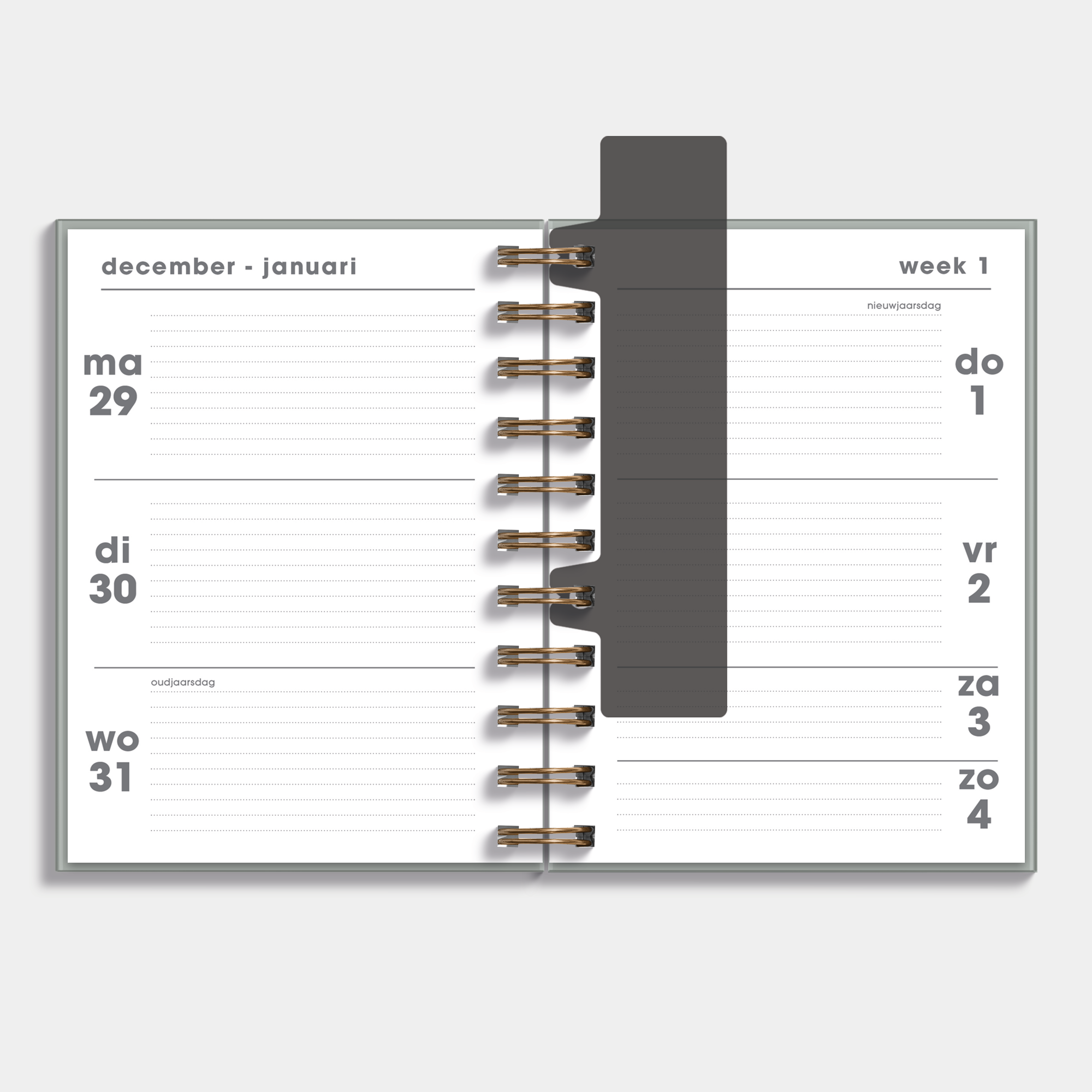 A6 ringband agenda 2026 met weidebloemenprint – binnenwerk met weekoverzicht.