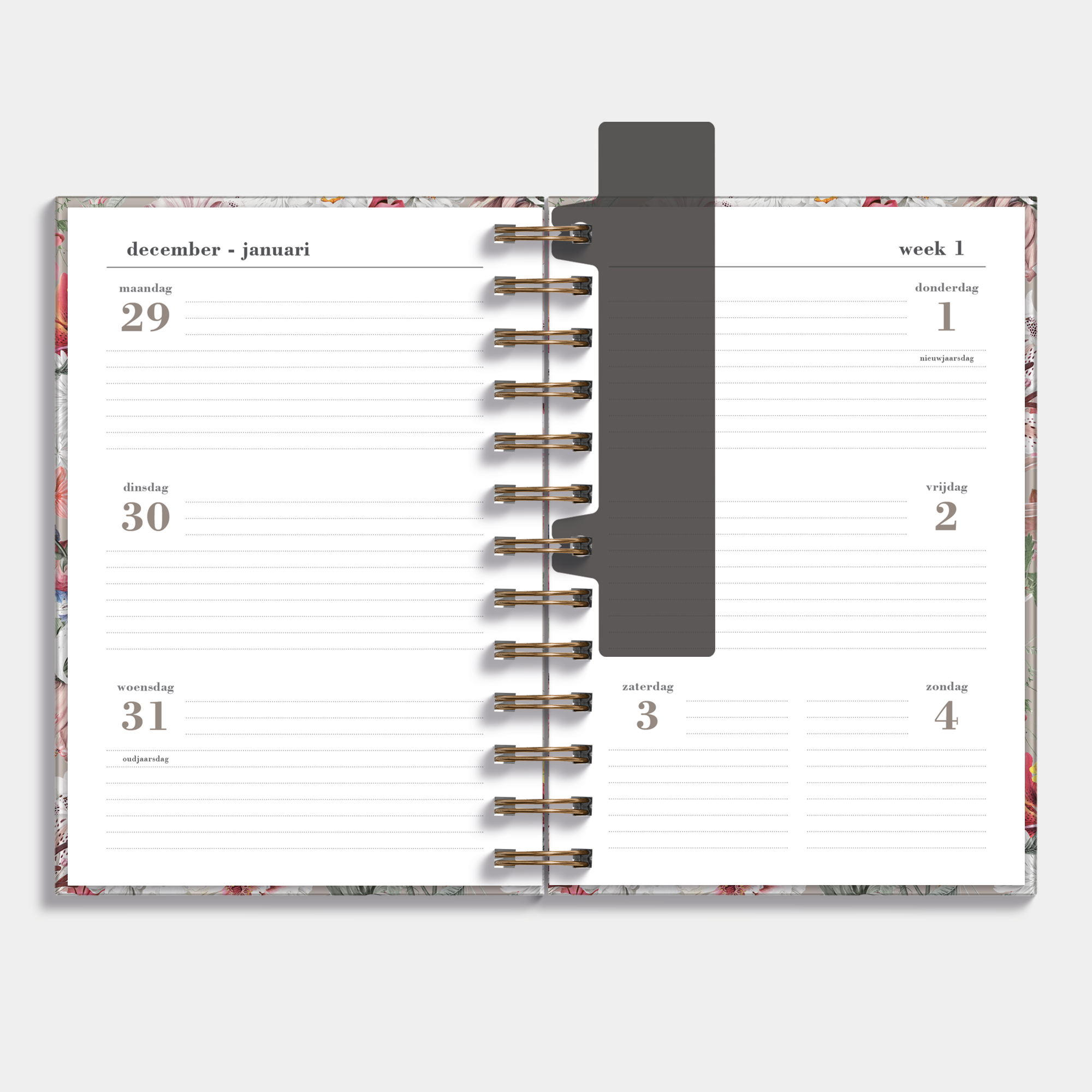 Ringband agenda 2026 met bloemenprint – binnenwerk met weekoverzicht.