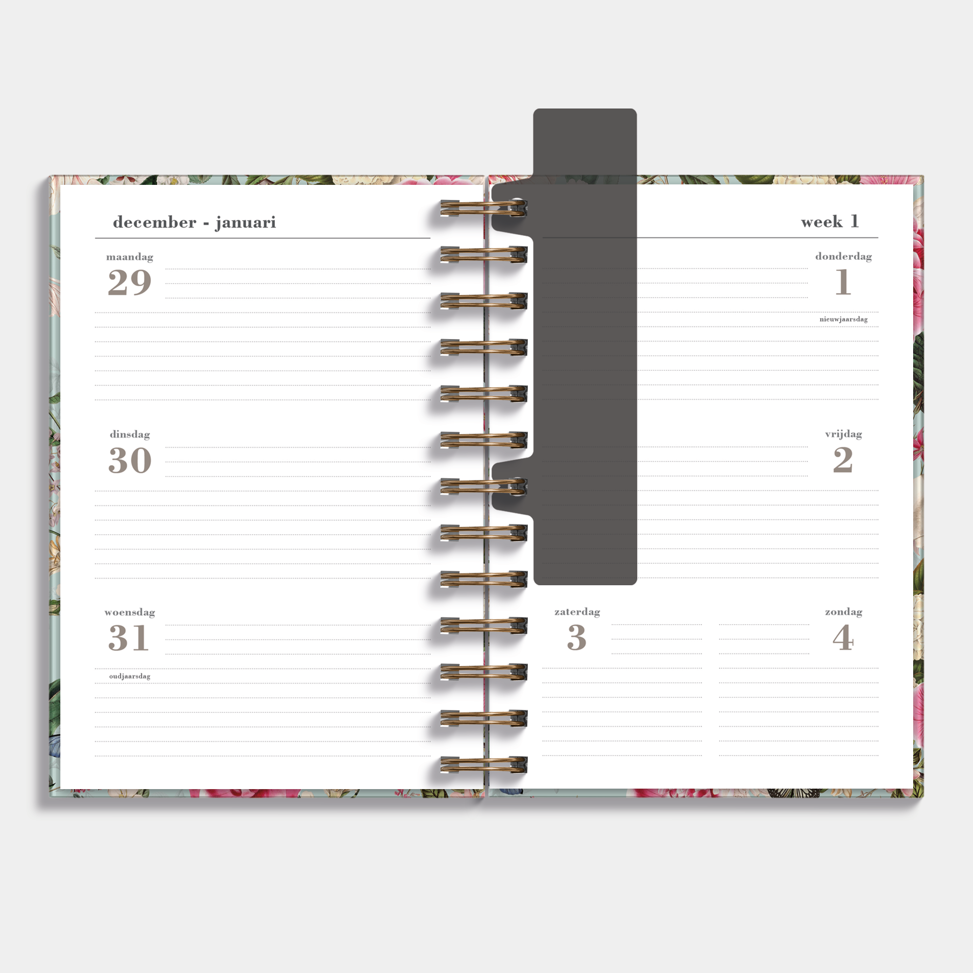 Ringband agenda 2026 met brocante print – binnenwerk met weekoverzicht.