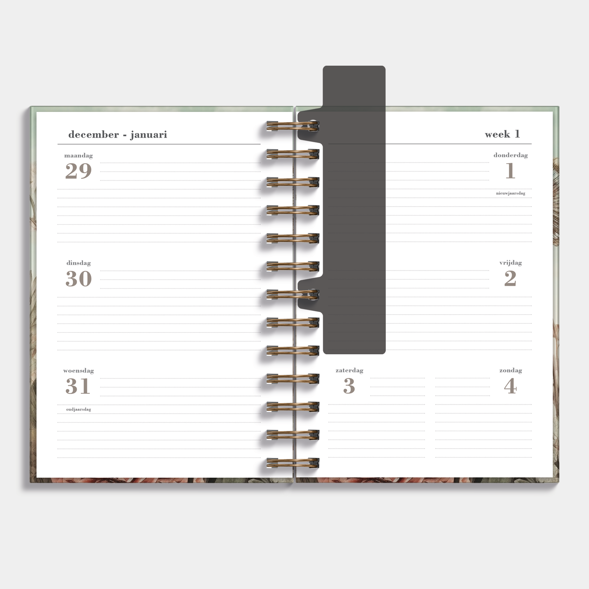 Ringband agenda 2026 met veldbloemenprint – binnenwerk met weekoverzicht.