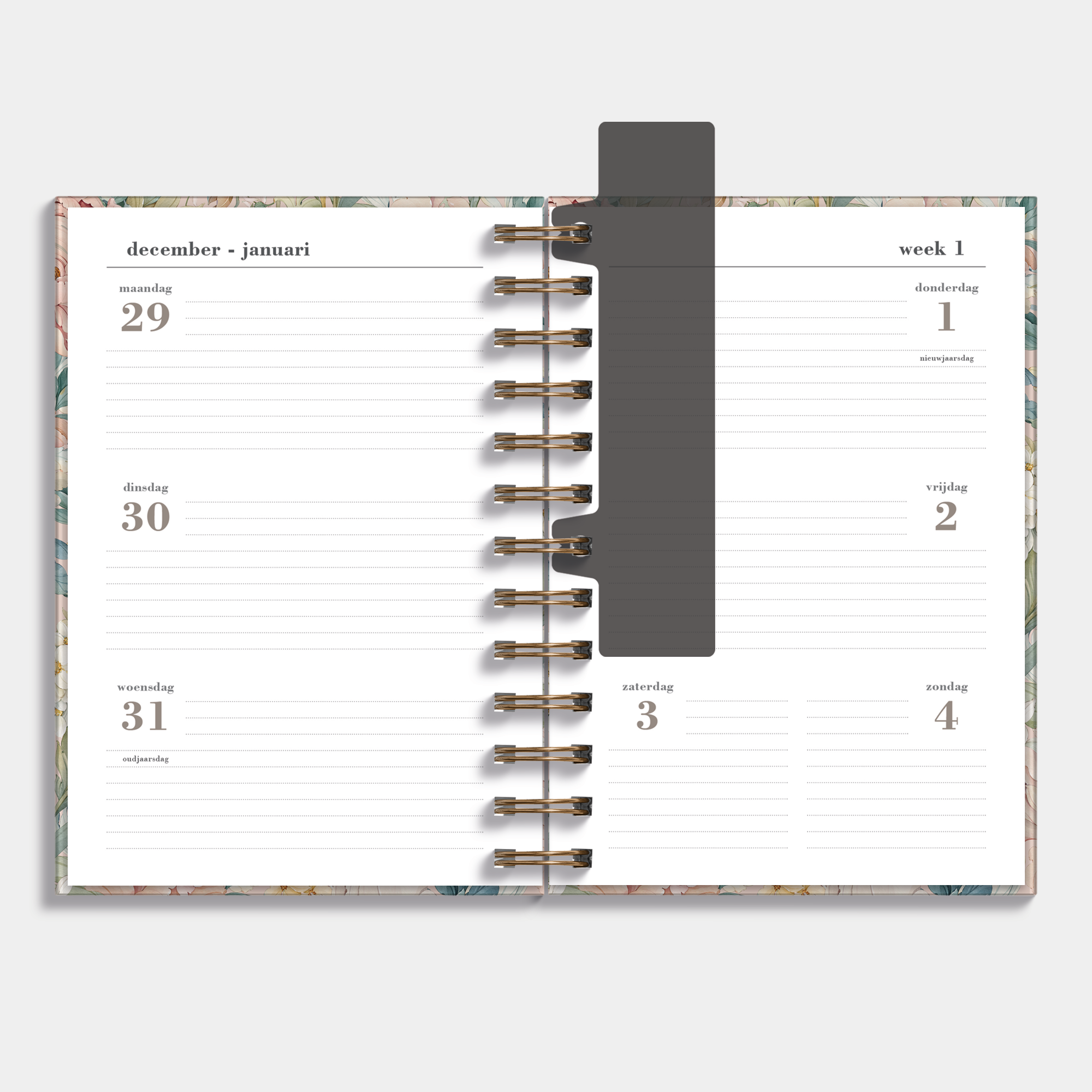 Ringband agenda 2026 met print van vintage pioenrozen – binnenwerk met weekoverzicht.
