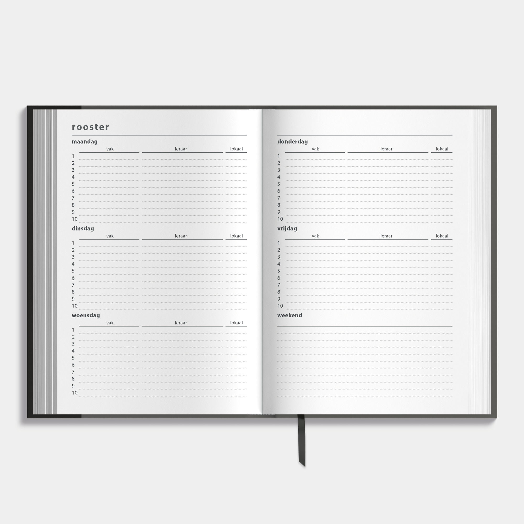 A5 schoolagenda 2025-2026 met grijze, harde cover – binnenwerk met ruimte voor lesroosters.