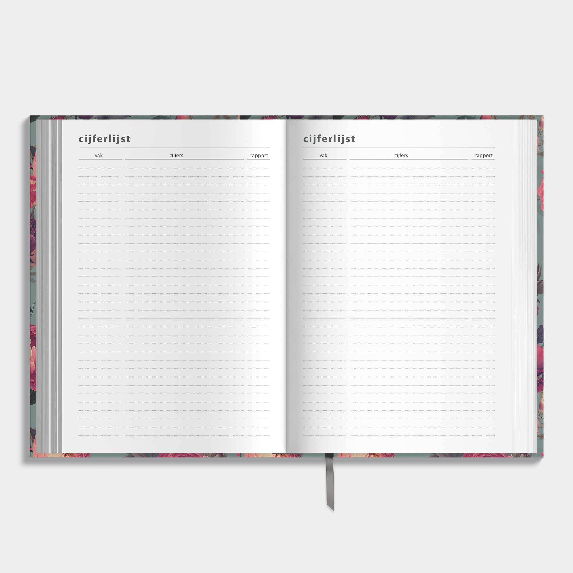 A5 schoolagenda 2025-2026 met klassieke print met rode bloemen en harde cover – binnenwerk met ruimte voor cijferlijsten.