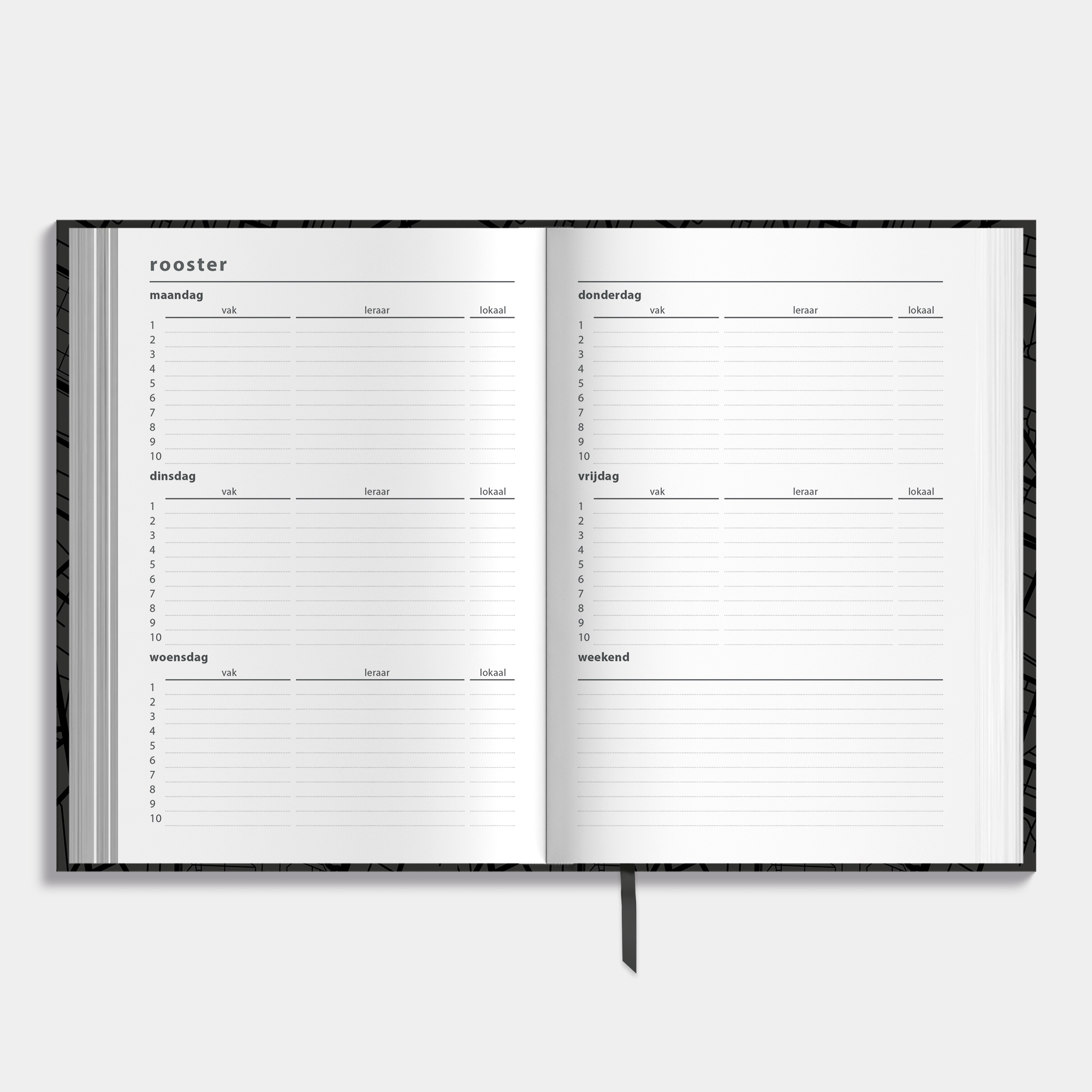 A5 schoolagenda 2025-2026 met donkergrijze, harde cover en glanzende zwarte lijnen in kaartpatroon – binnenwerk met ruimte voor lesroosters.