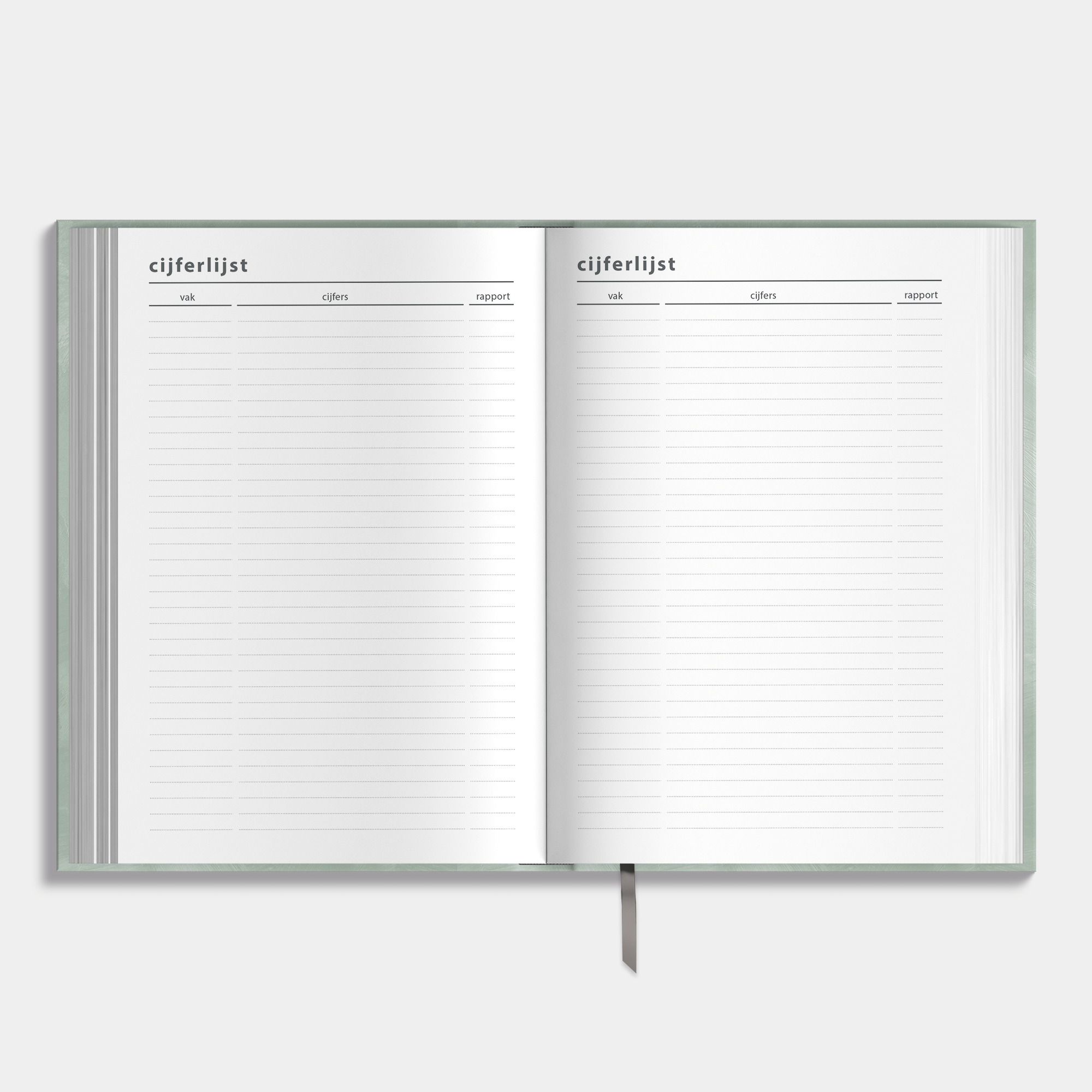 A5 schoolagenda 2025-2026 met groene, harde cover – binnenwerk met ruimte voor cijferlijsten.