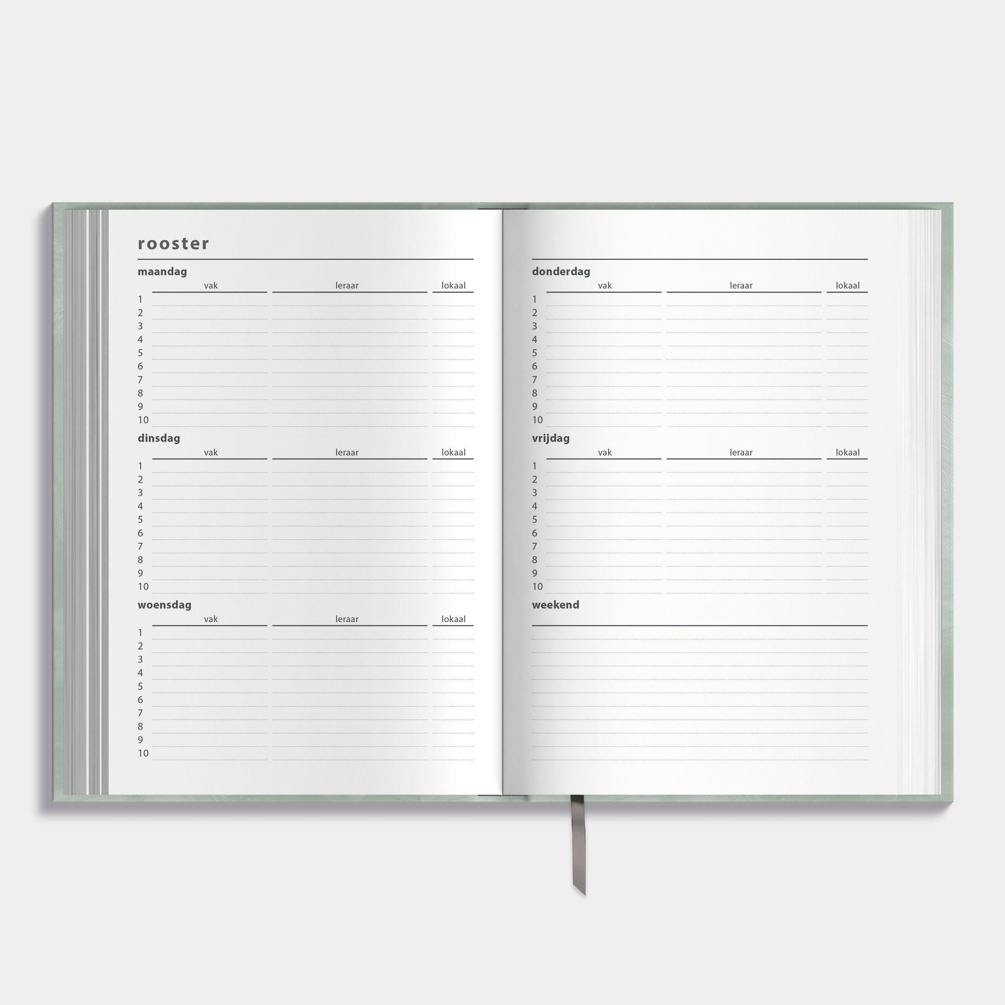 A5 schoolagenda 2025-2026 met groene, harde cover – binnenwerk met ruimte voor lesroosters.
