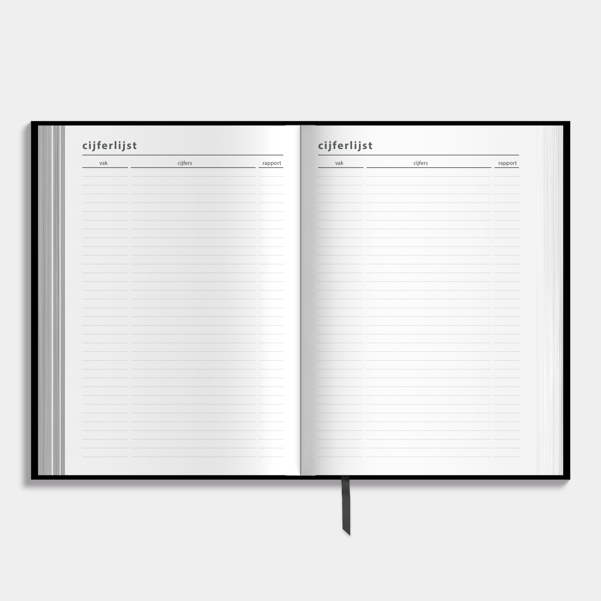 Zwarte schoolagenda 2025-2026 met harde cover – binnenwerk met ruimte voor cijferlijsten.