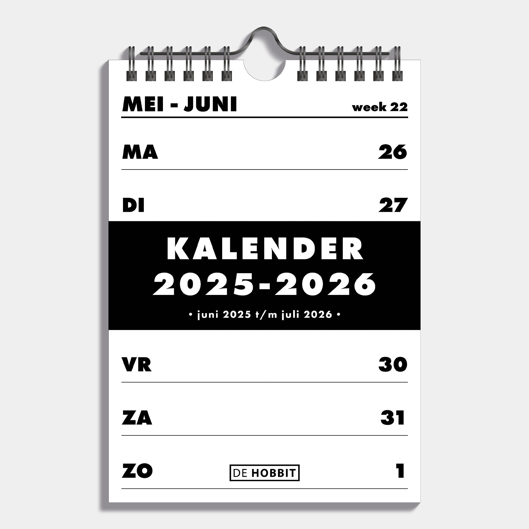Weekkalender schooljaar 2025 - 2026 A5 met zwarte accenten en metalen spiraal – vooraanzicht.