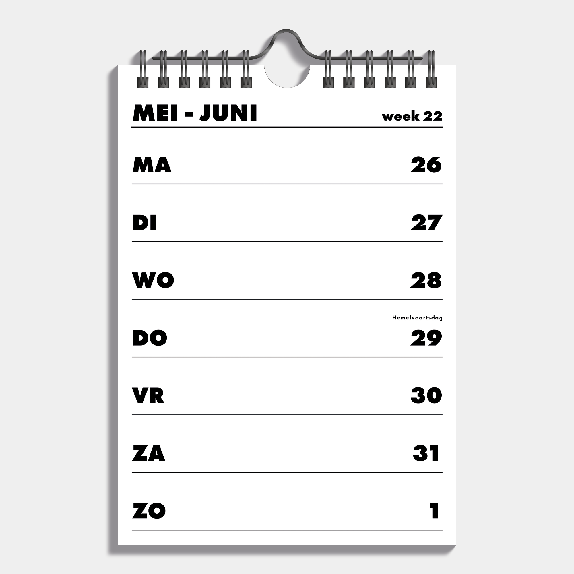 Weekkalender schooljaar 2025 - 2026 A5 met zwarte accenten en metalen spiraal – binnenwerk met weekoverzicht.