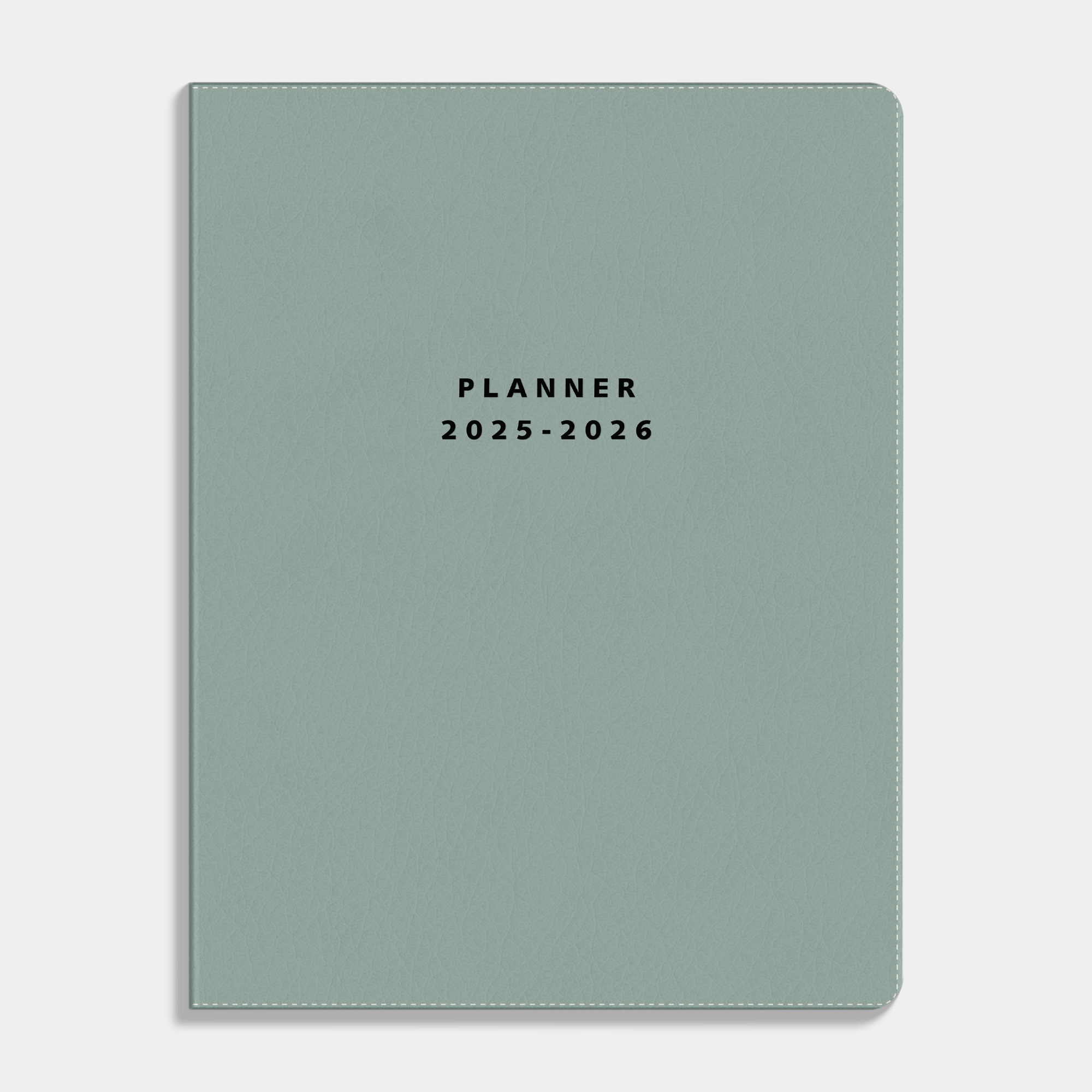 Weekplanner 2025 - 2026 A4 met flexibele grijsgroene lederlook coverhoes – vooraanzicht.