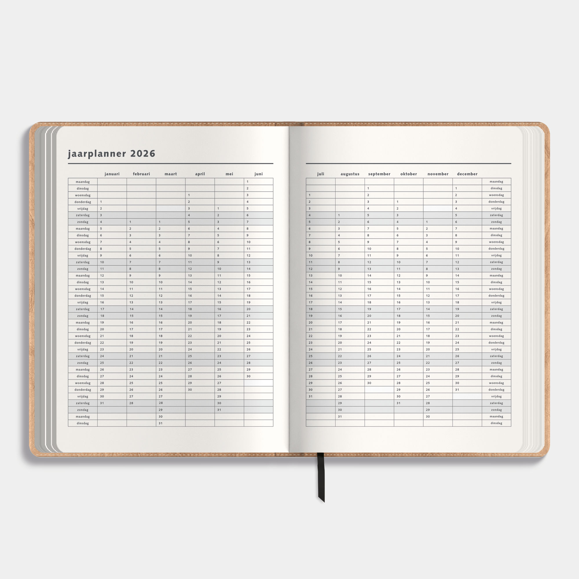 Weekplanner 2026 A4 met flexibele bruine washed craft coverhoes – binnenwerk met jaarplanner.