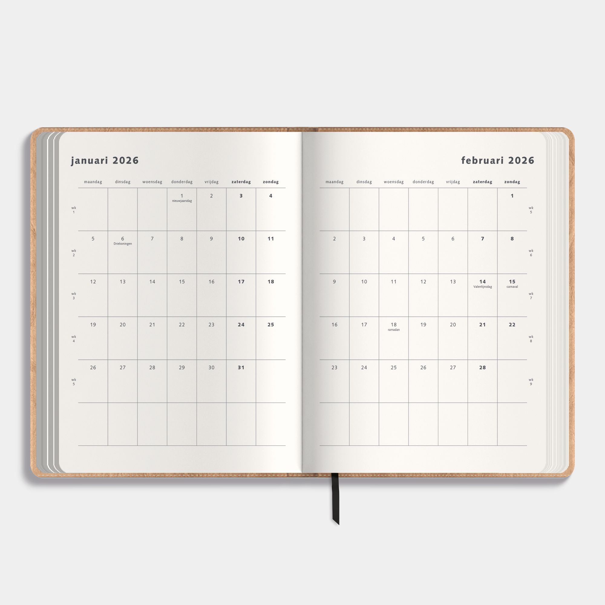 Weekplanner 2026 A4 met flexibele bruine washed craft coverhoes – binnenwerk met maandplanner.