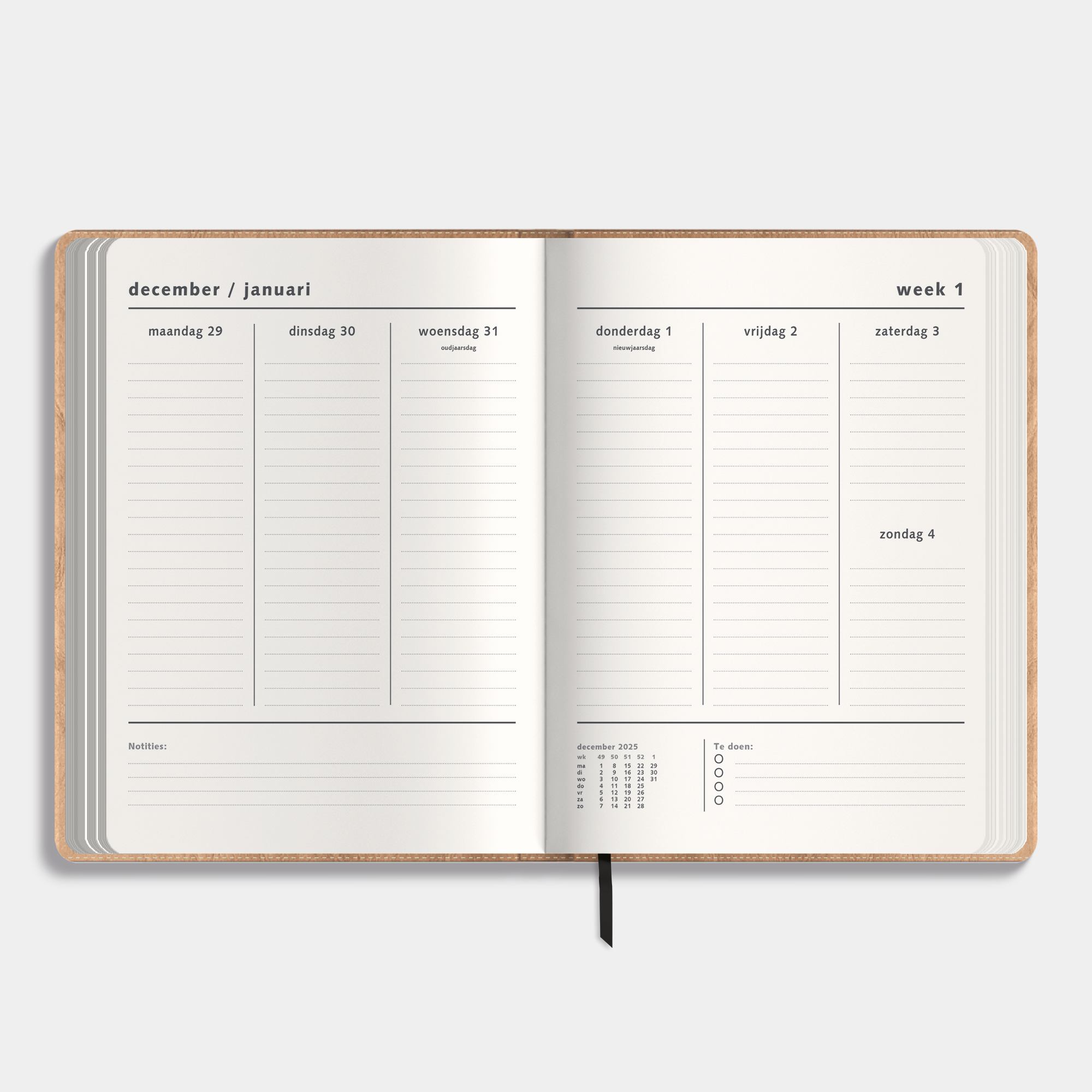 Weekplanner 2026 A4 met flexibele bruine washed craft coverhoes – binnenwerk met weekoverzicht en ruimte voor notities.