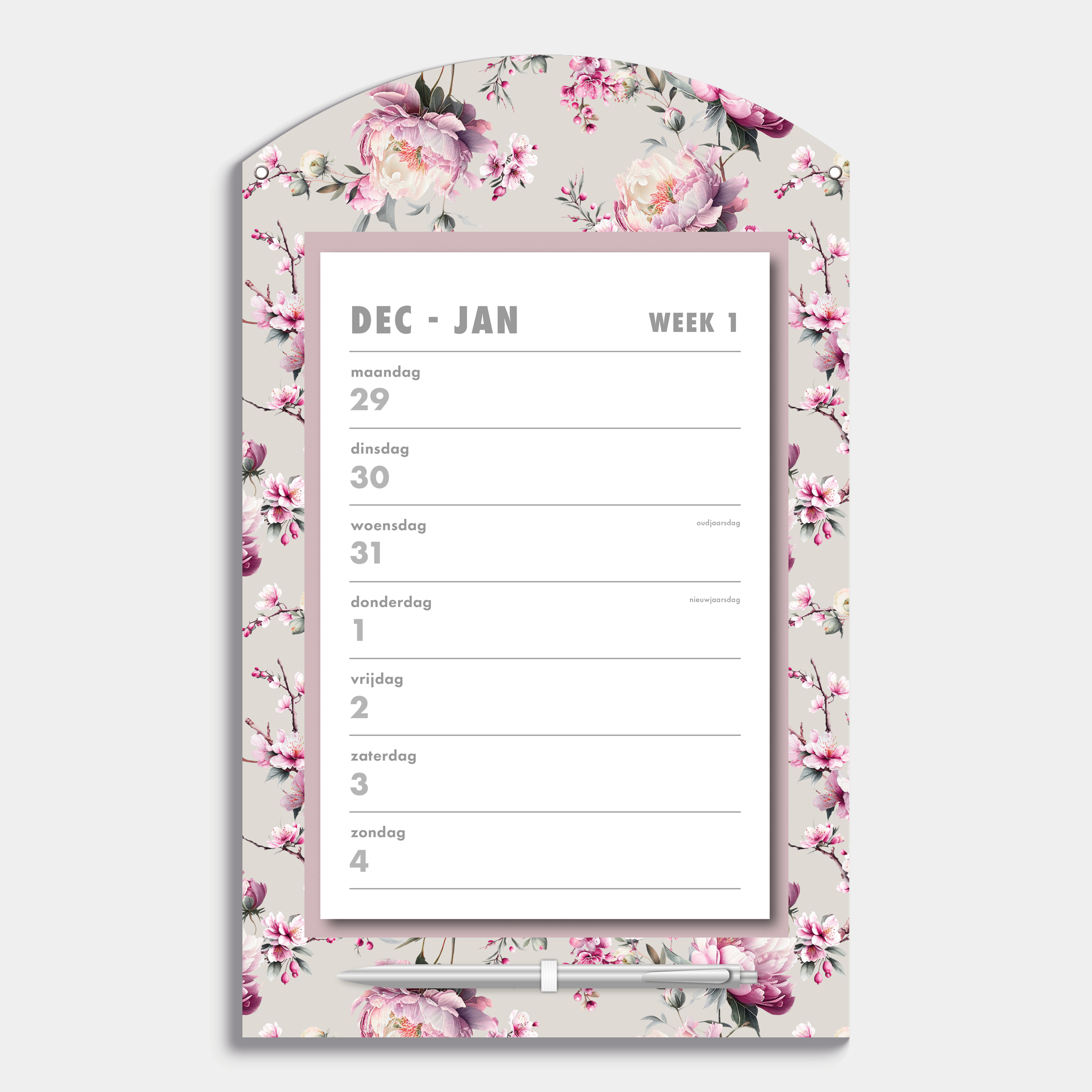 Scheurkalender 2026 op een kartonnen bord met een print van roze kersenbloesem, met pen – binnenwerk met weekoverzicht.