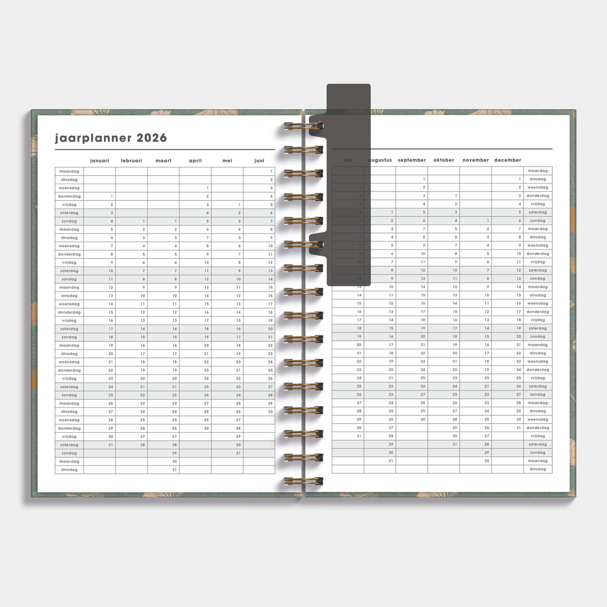 spiraalgebonden planner in A5 met goudfolie ginkgobladeren op een groene achtergrond – binnenwerk met jaarplanner.