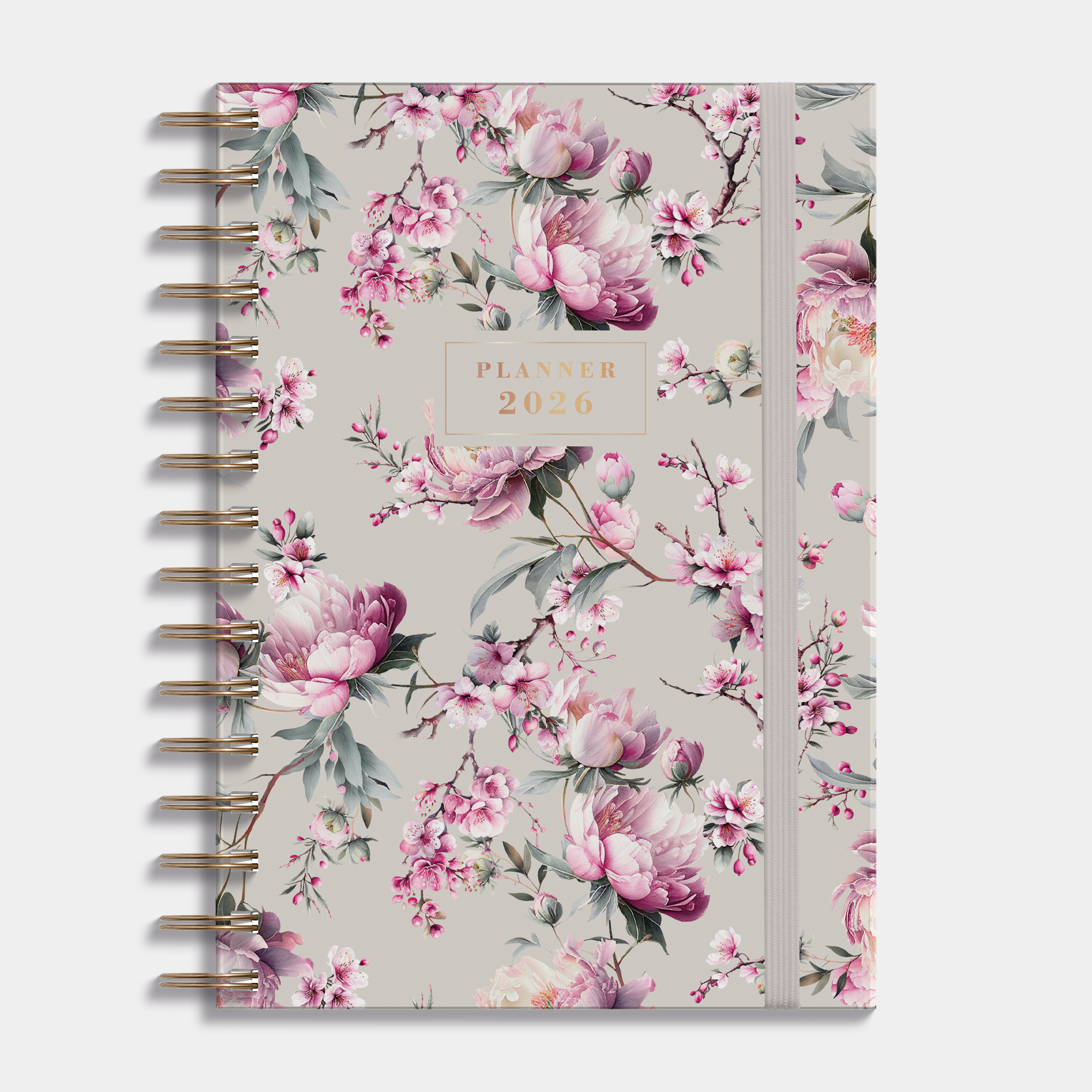 spiraalgebonden planner 2026 in A5 met kersenbloesemprint – vooraanzicht.
