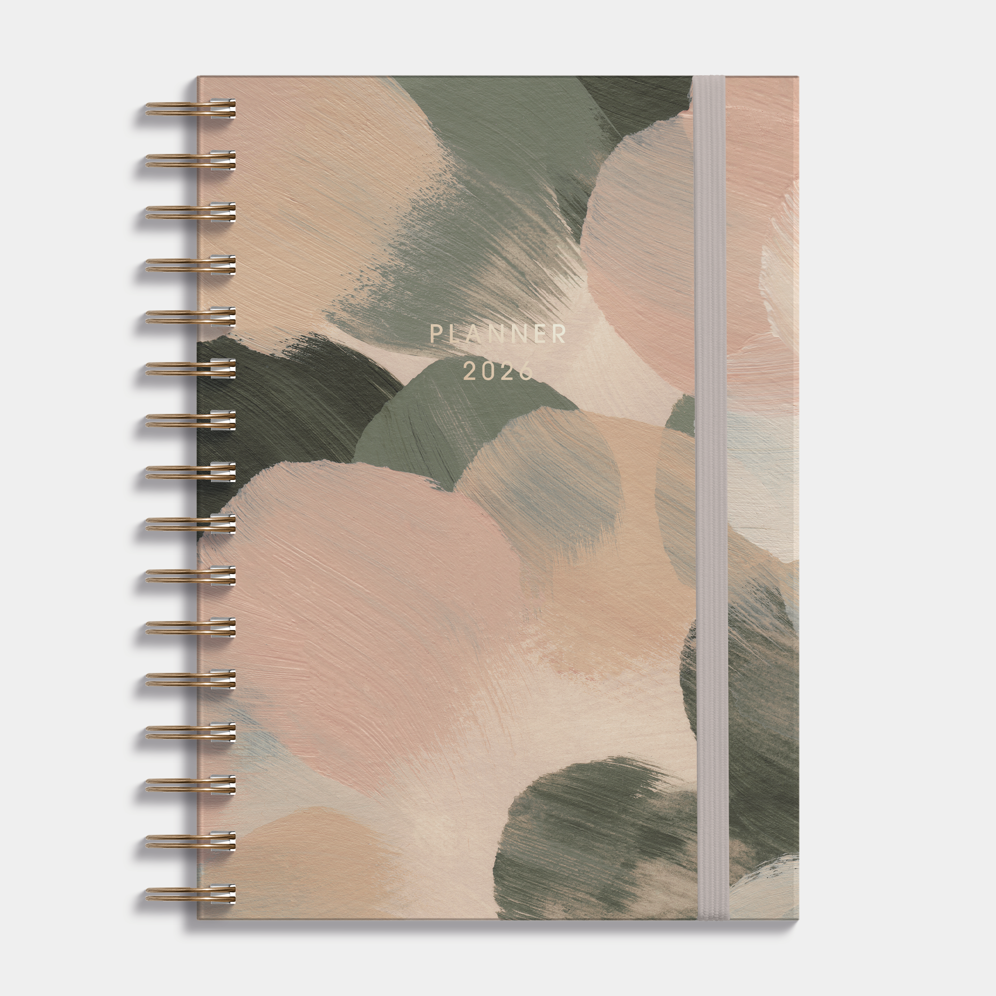 spiraalgebonden planner 2026 in A5 met dessin van verfstreken in beige en olijfgroen – vooraanzicht.