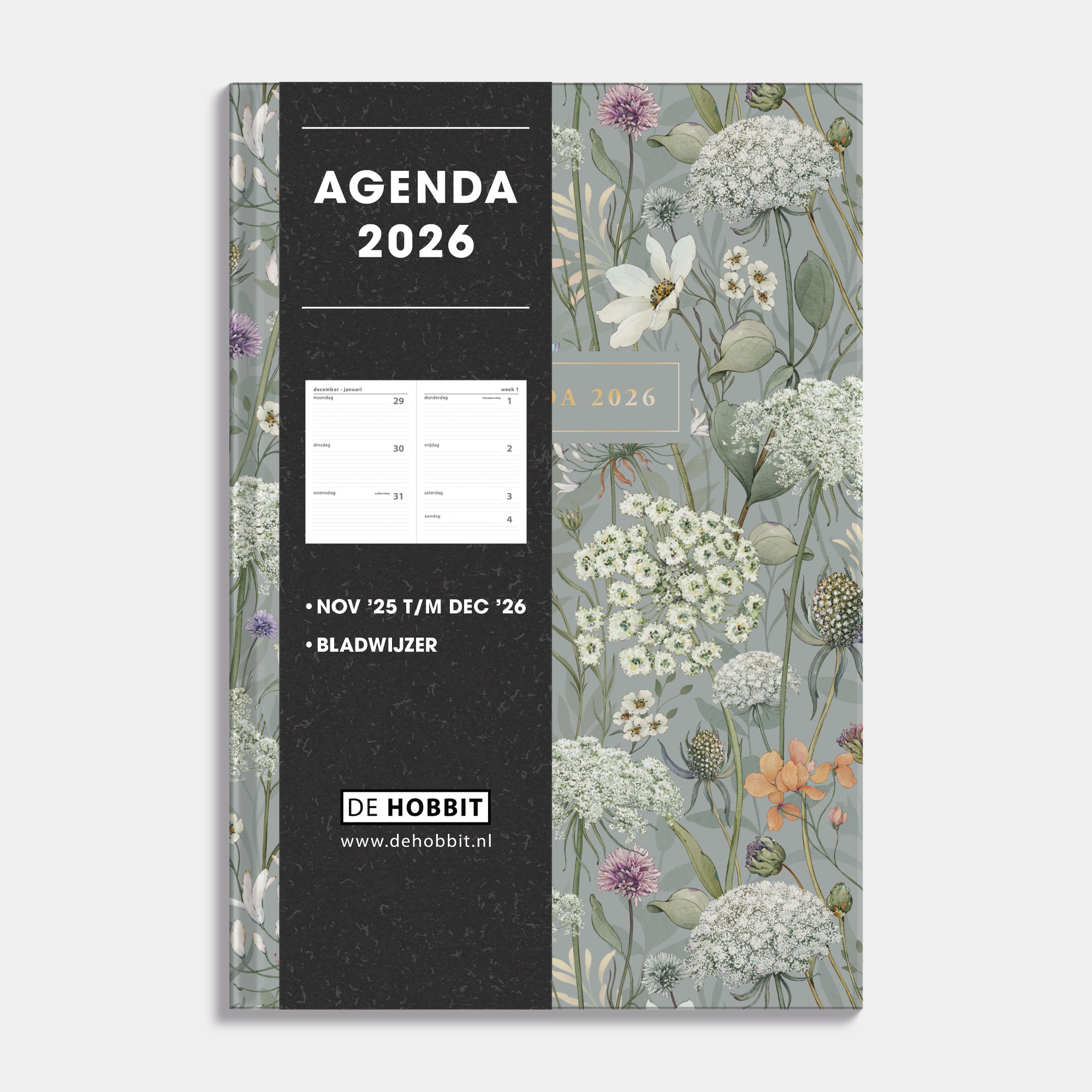basic agenda 2026 met een print van weidebloemen op een zachtgroene achtergrond – vooraanzicht met informatieve banderol.