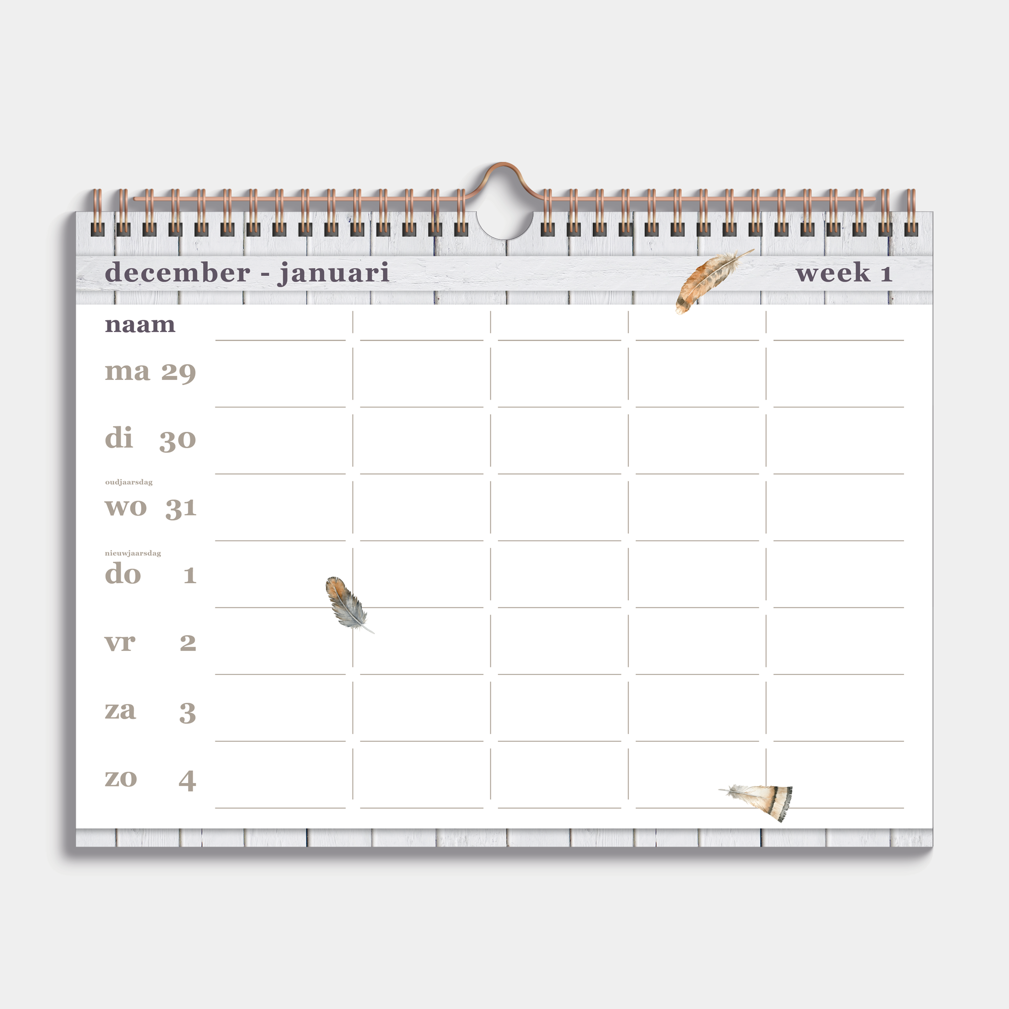 Familieplanner 2026 in A4 formaat met motief van zachte veertjes en metalen spiraal voor 5 personen – binnenwerk met weekoverzicht.