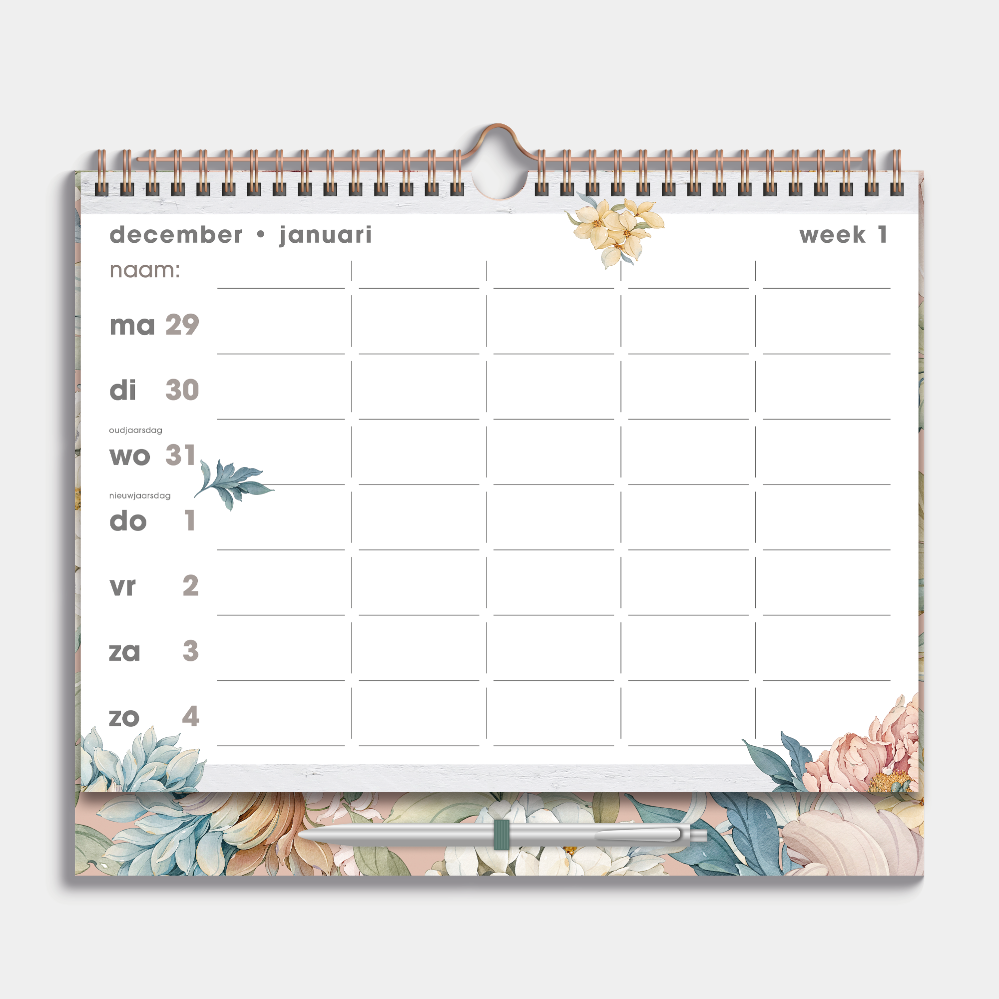 Familieplanner 2026 A4 met vintage pioenrozen dessin, met metalen spiraal en pen – weekoverzicht.