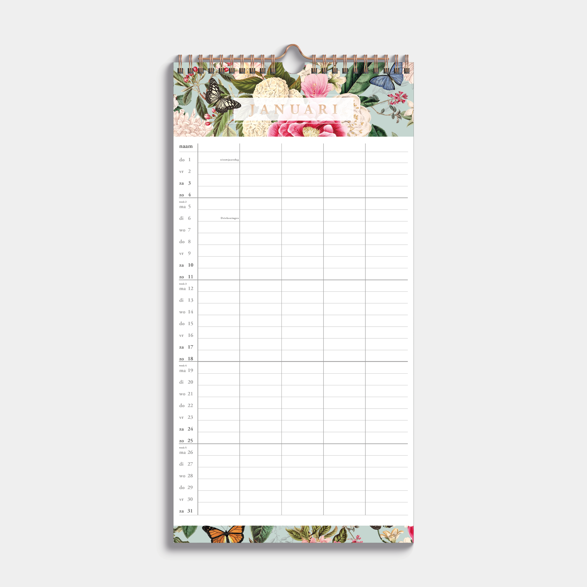 familieplanner 2026 in half A3 formaat met een brocante print van bloemen en vlinders – maandoverzicht.