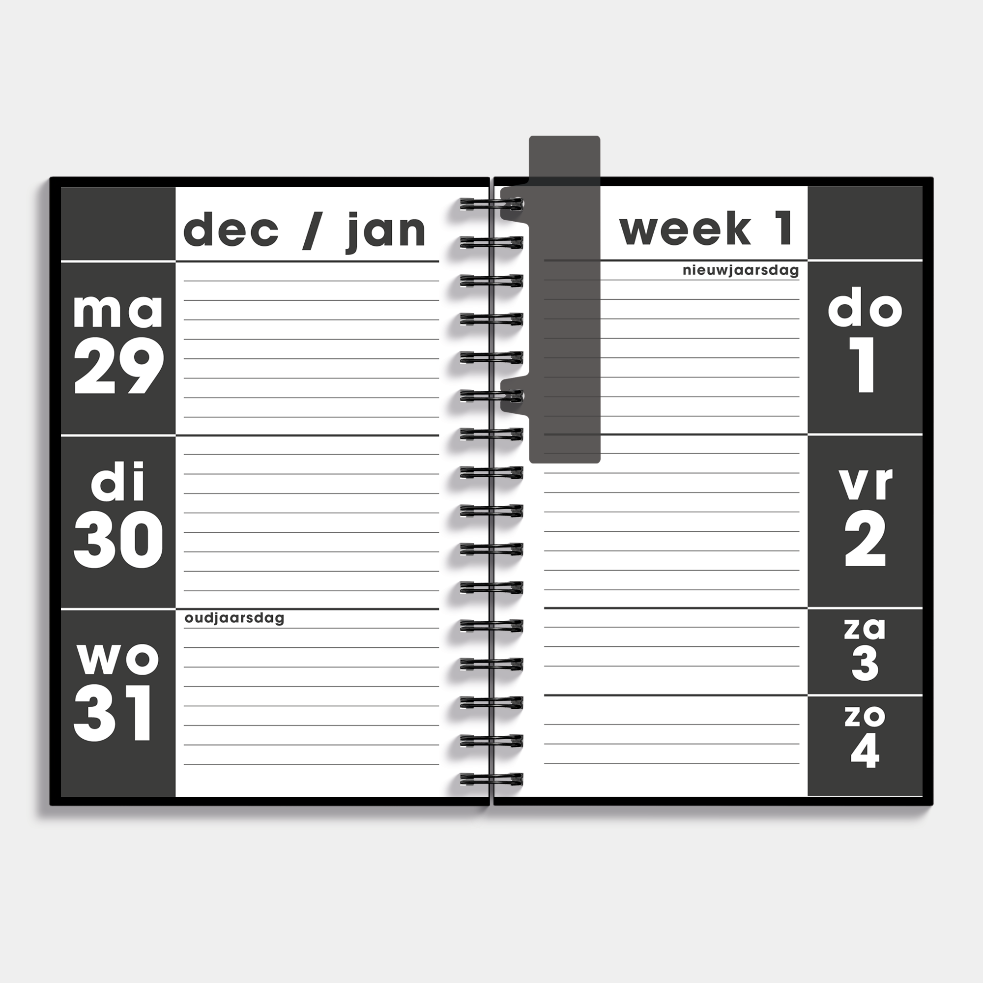 A5 ringband grootletter agenda 2026 met zwarte, harde cover – binnenwerk met weekoverzicht.