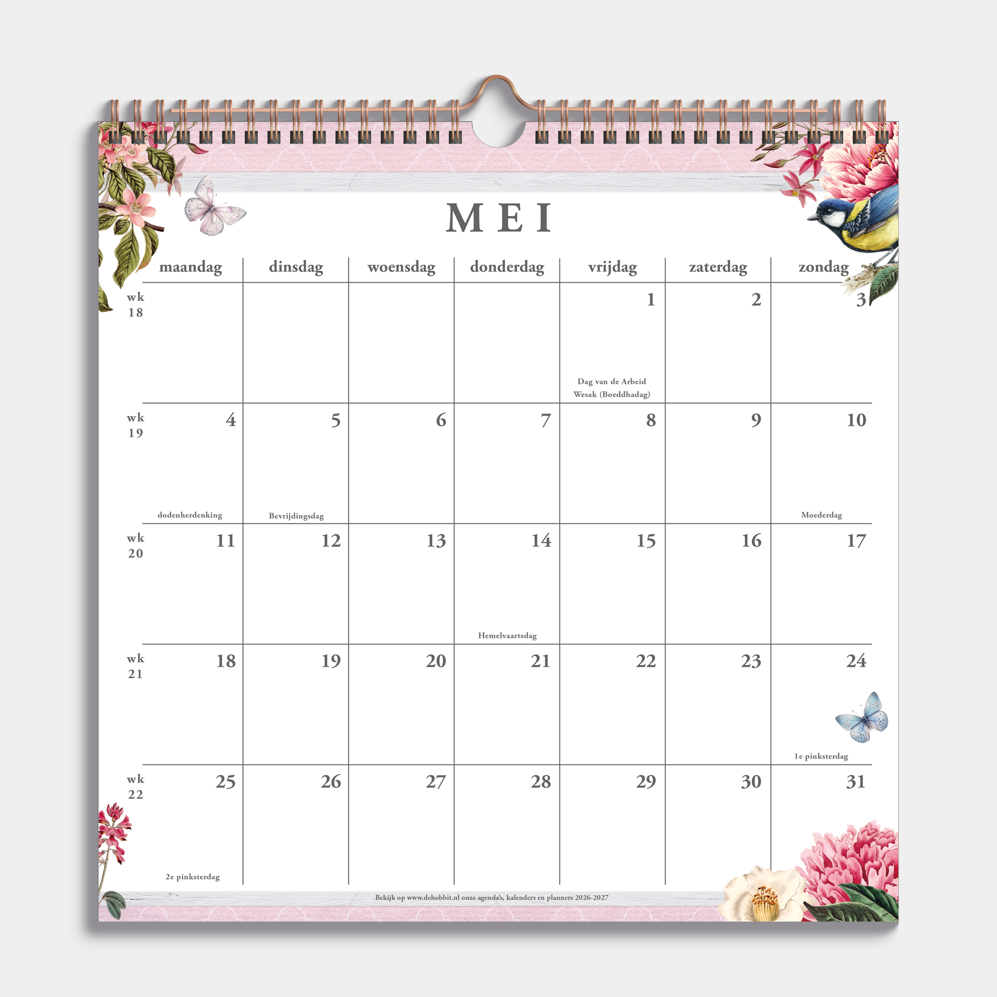 Spiraalgebonden jaarkalender 2026 met brocanteprint – binnenwerk met maandoverzicht.